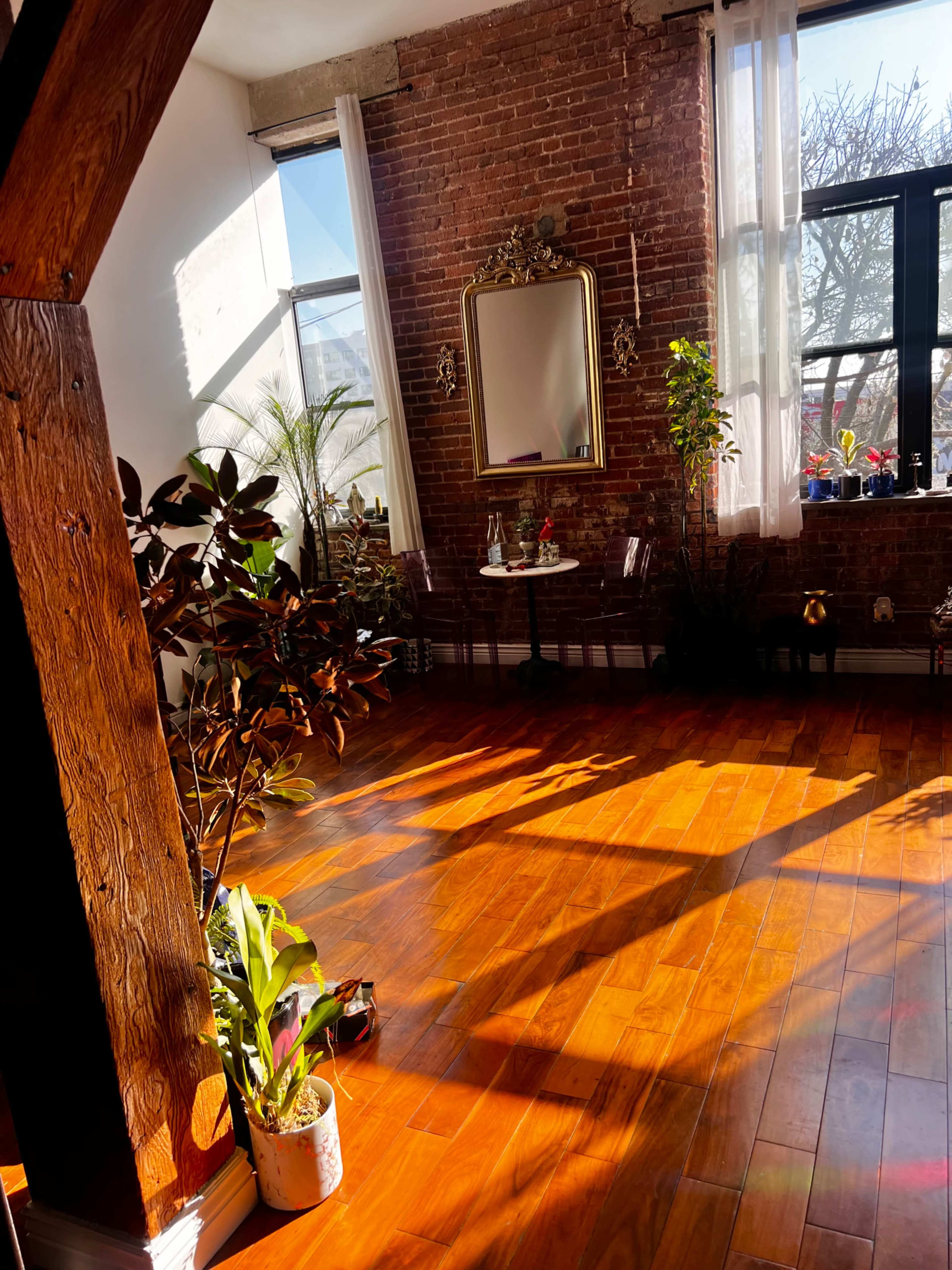 A sunlit room features exposed brick walls, wooden beams, and houseplants arranged around a small table by the window.