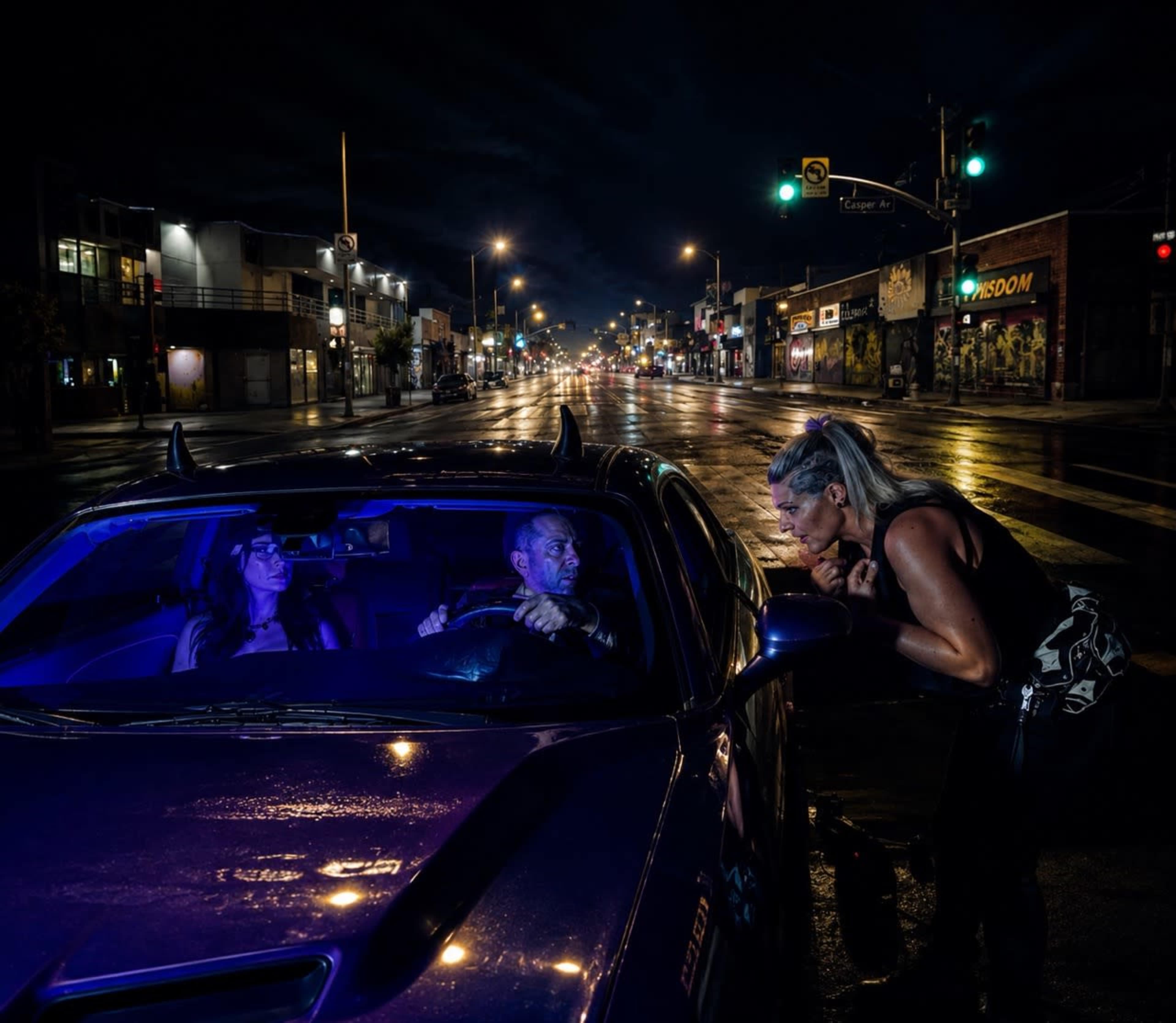 A woman leans toward a car with two occupants while city streets are illuminated at night, reflecting wet surfaces.