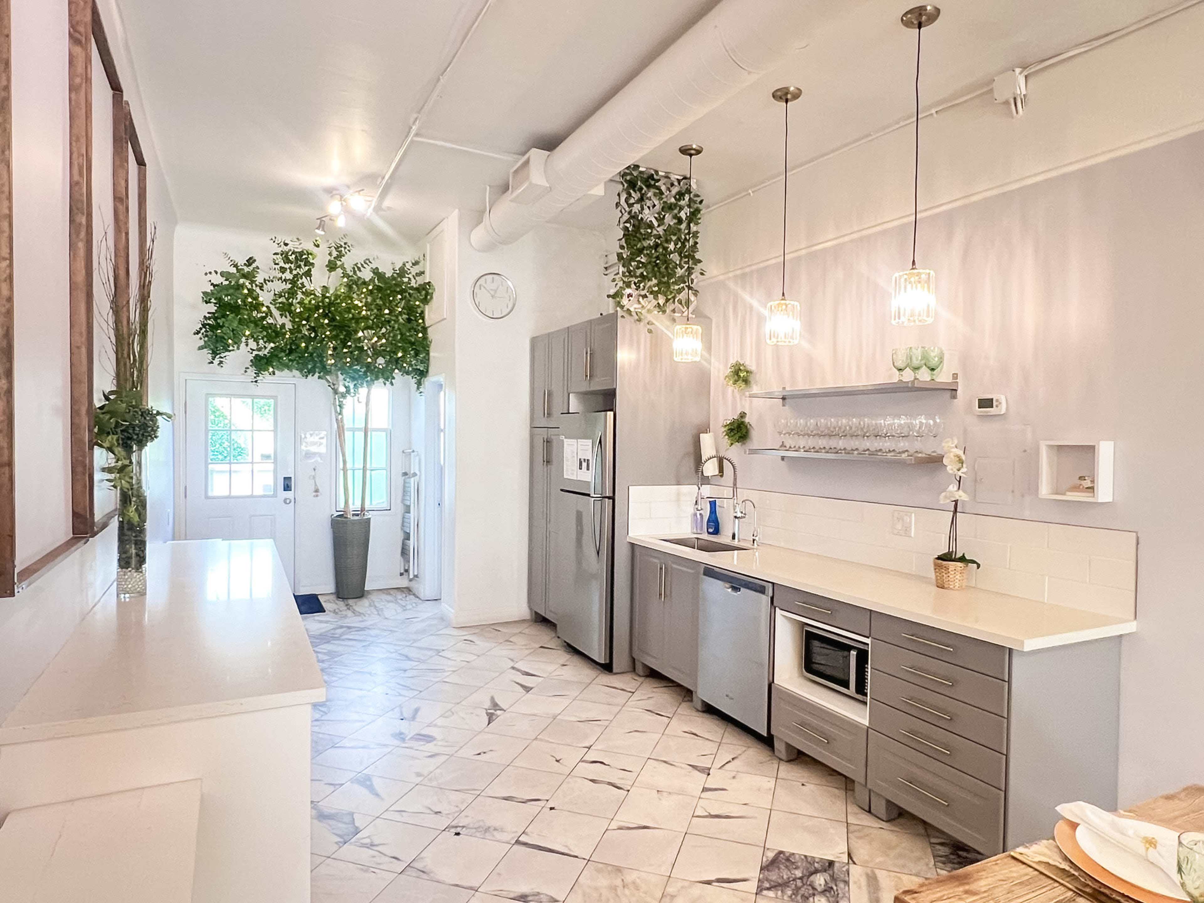 The image shows a modern kitchen with stainless steel appliances, a marble tile floor, and hanging plants above the counter.