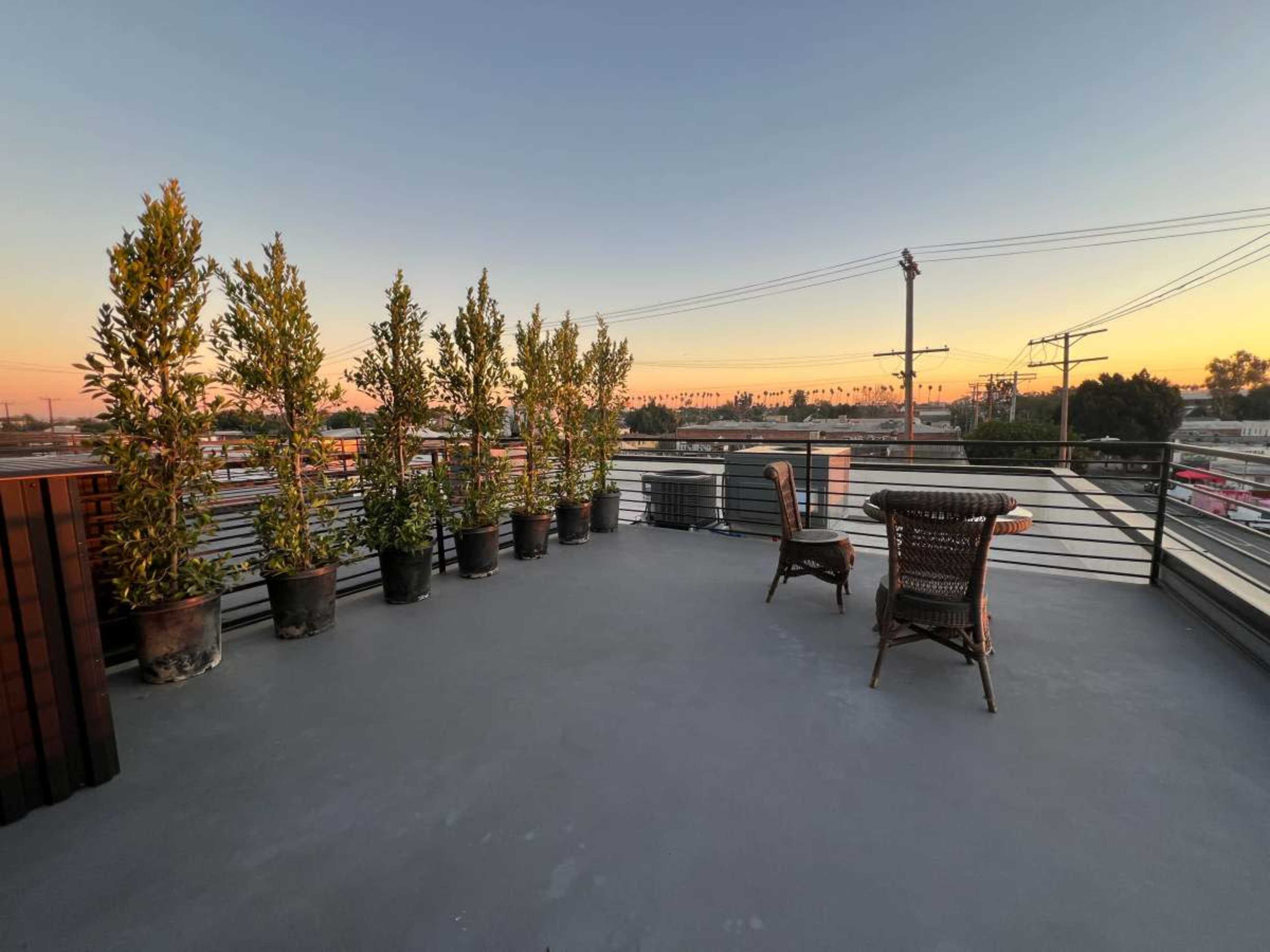 The image shows a rooftop terrace featuring several potted plants and a wicker chair set against a sunset skyline.