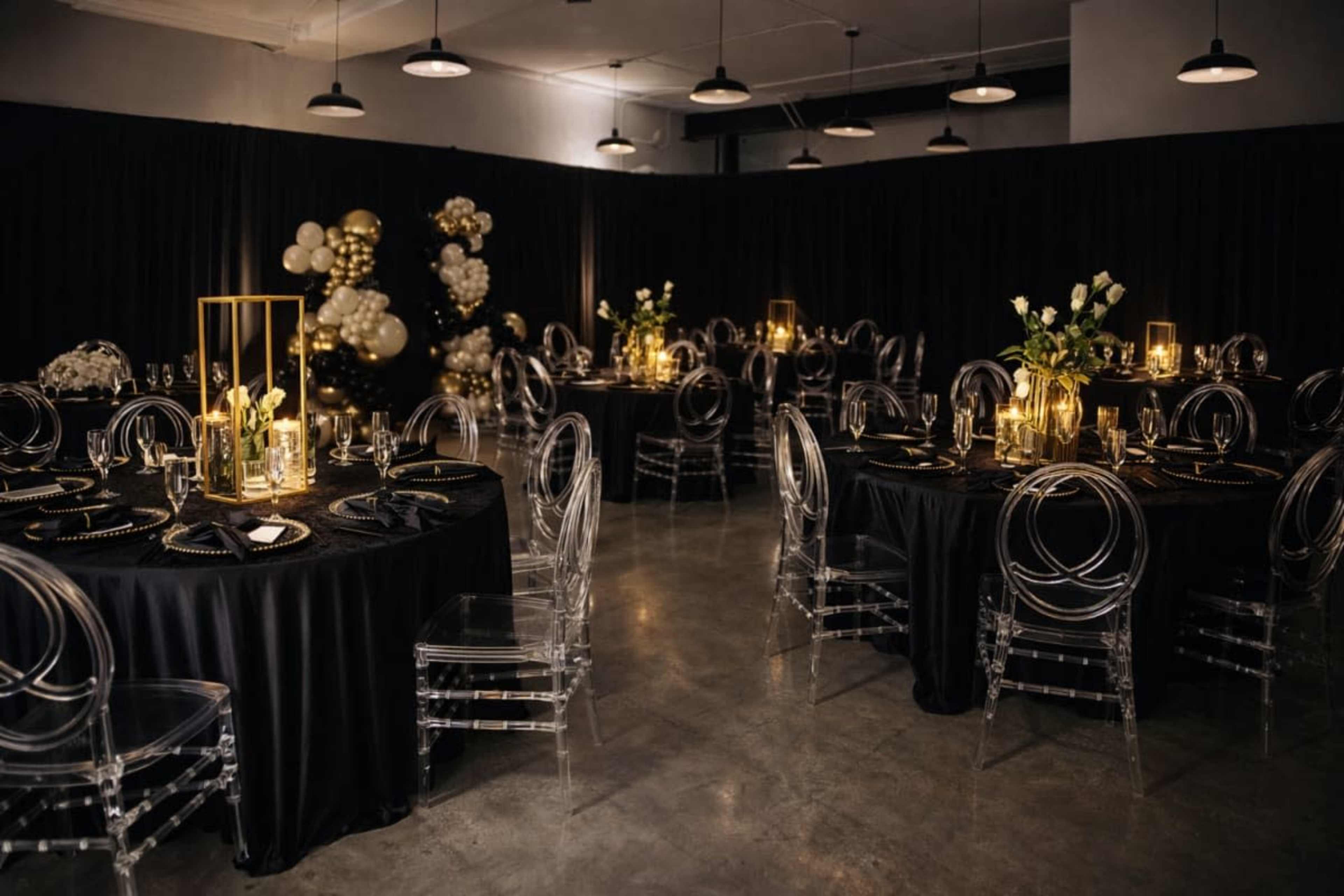 The image shows a formal dining setup in a dimly lit room with black tablecloths, clear acrylic chairs, and centerpieces featuring flowers and gold accents.