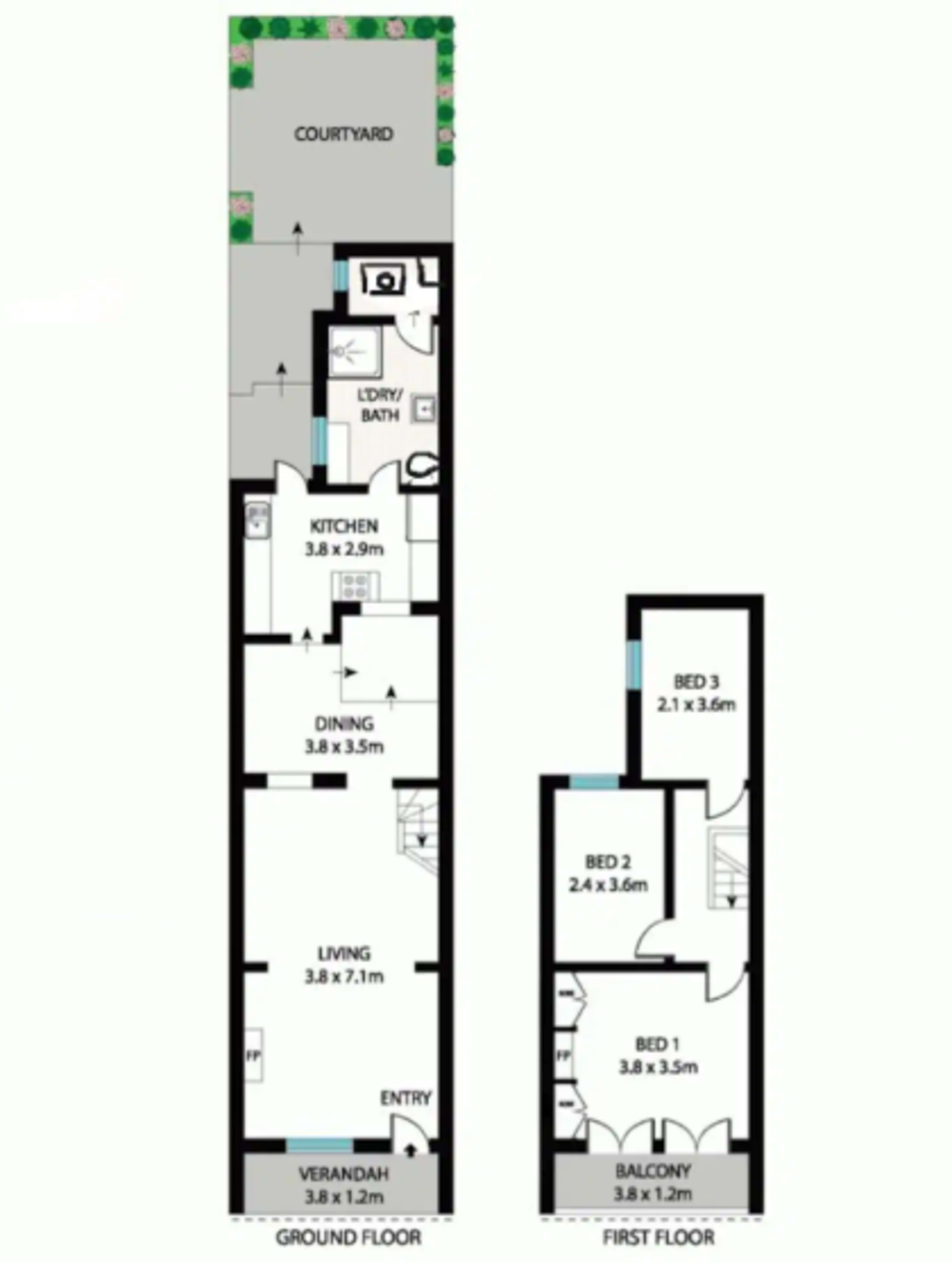 A floor plan with labeled rooms including a kitchen, dining area, living room, three bedrooms, a verandah, and a balcony across two levels.