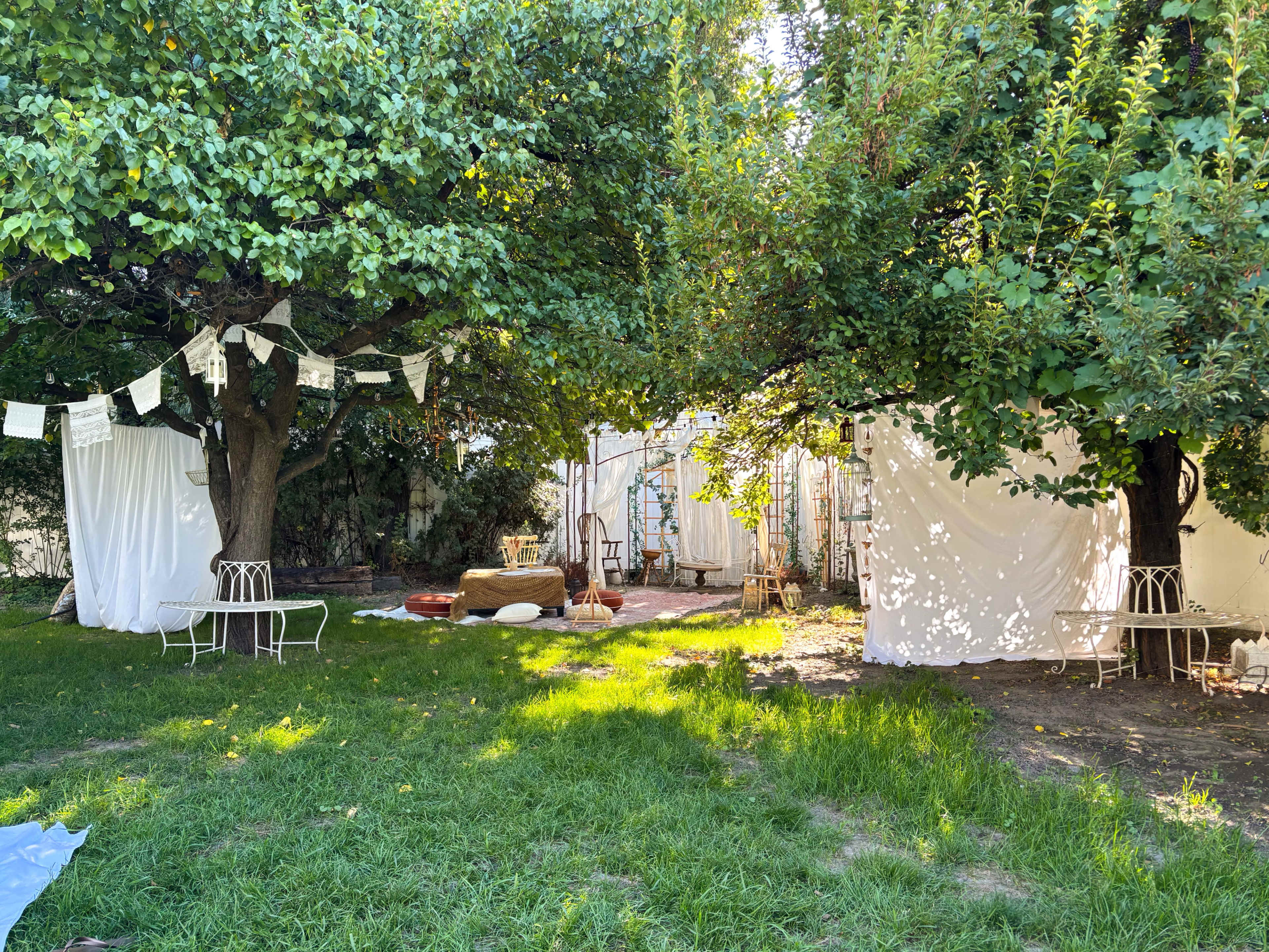 The image shows a garden area with two large trees, white fabric draped between them, and a setup consisting of wooden furniture and a fire pit on grassy ground.