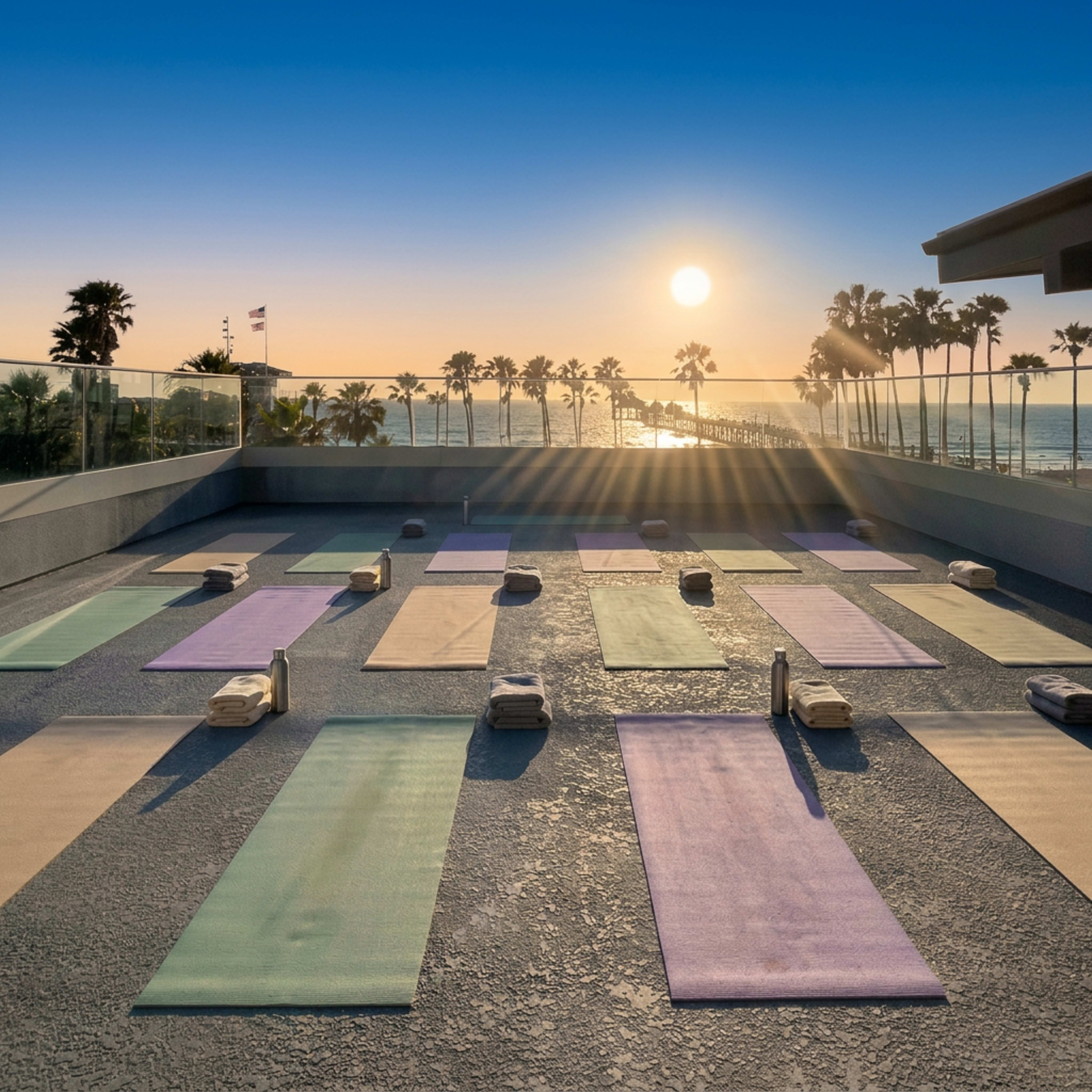 A rooftop yoga space is set up with mats arranged in rows, overlooking a beach and palm trees at sunset.