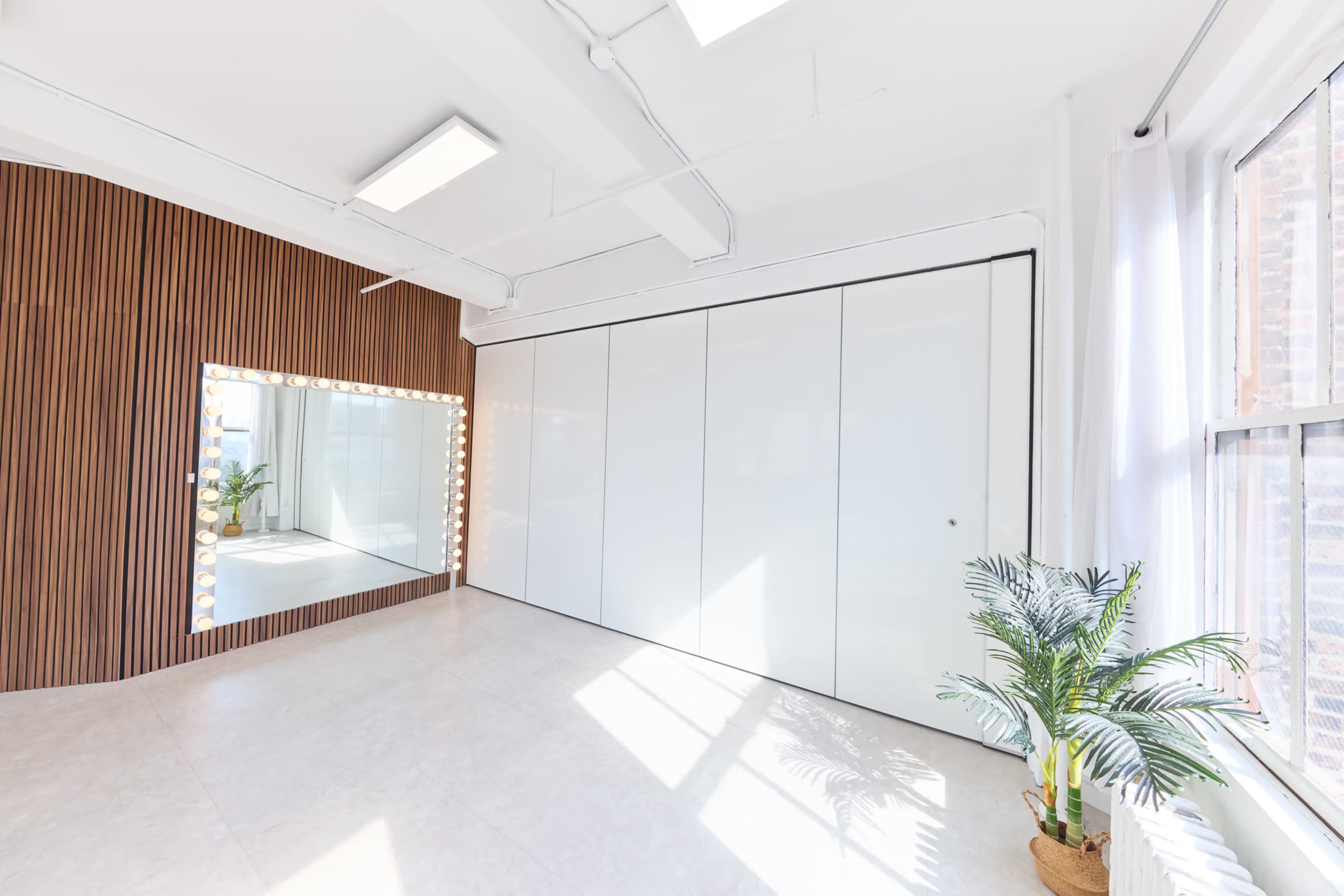 The image shows a bright, open room with a large mirror framed by lights on one wall and a sleek white storage cabinet on the opposite wall, along with a potted plant in the corner.