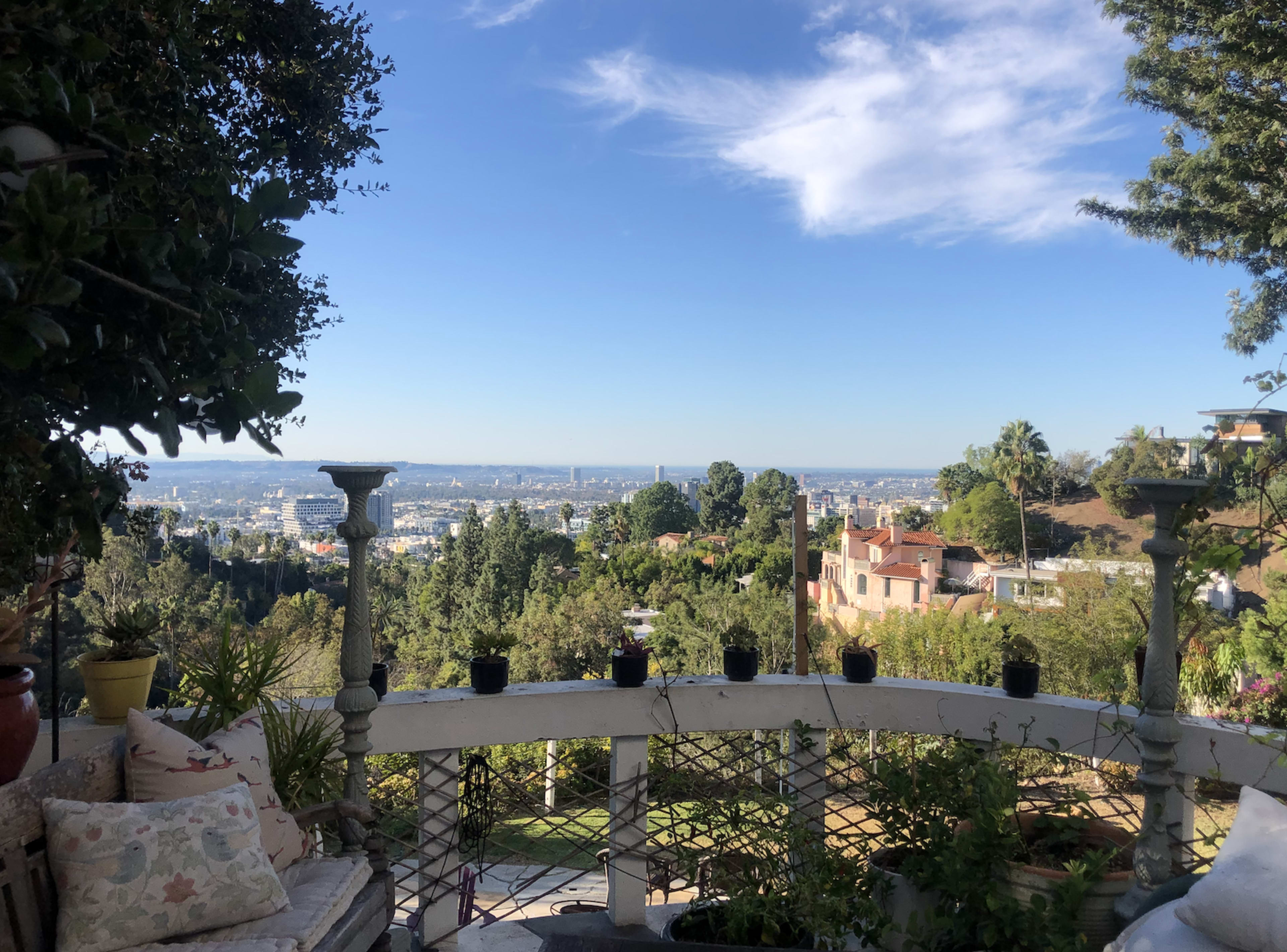 A scenic view of a cityscape from a garden terrace, surrounded by greenery and ornamental plants.