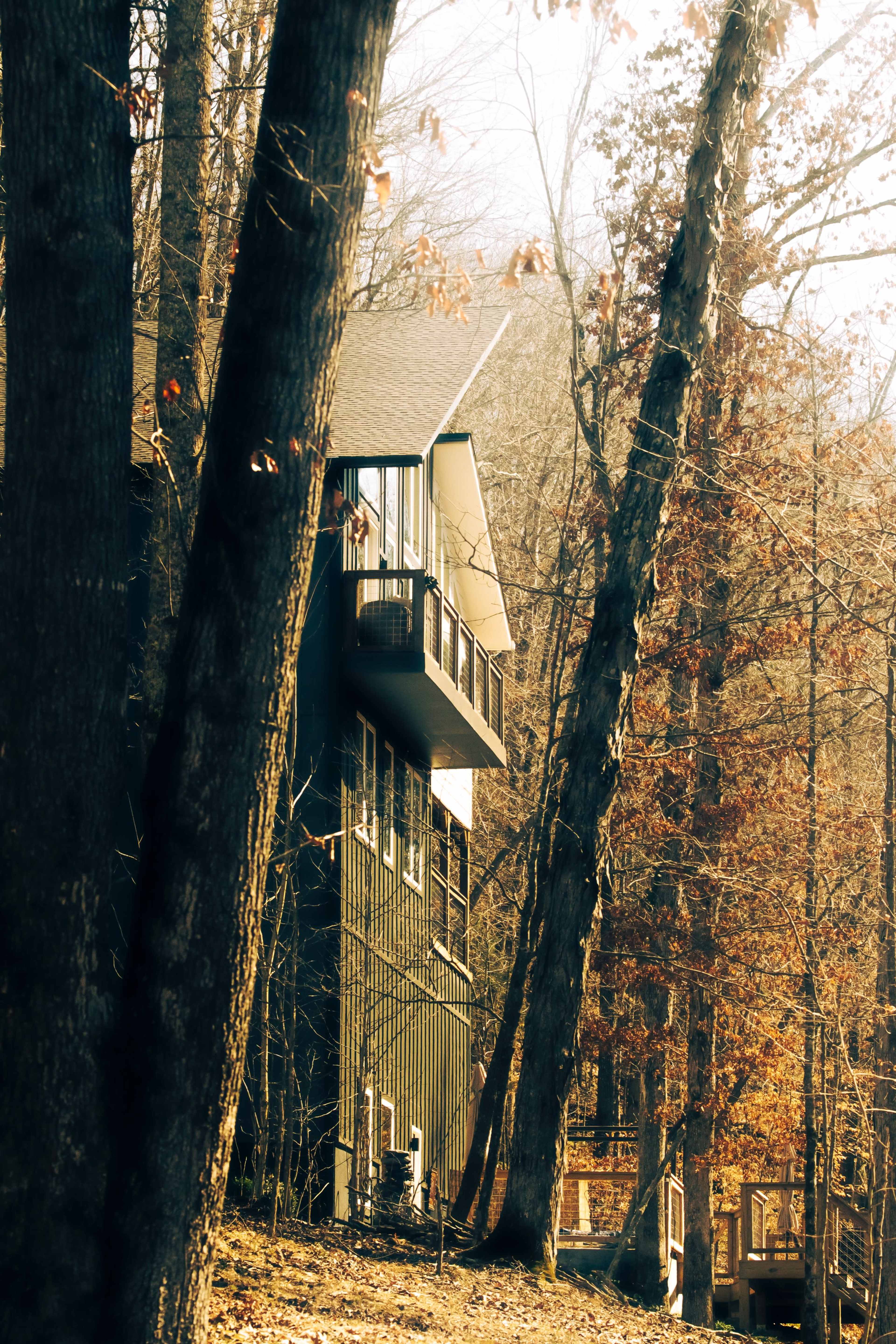 A modern house with large windows stands among tall trees in a wooded area during autumn.