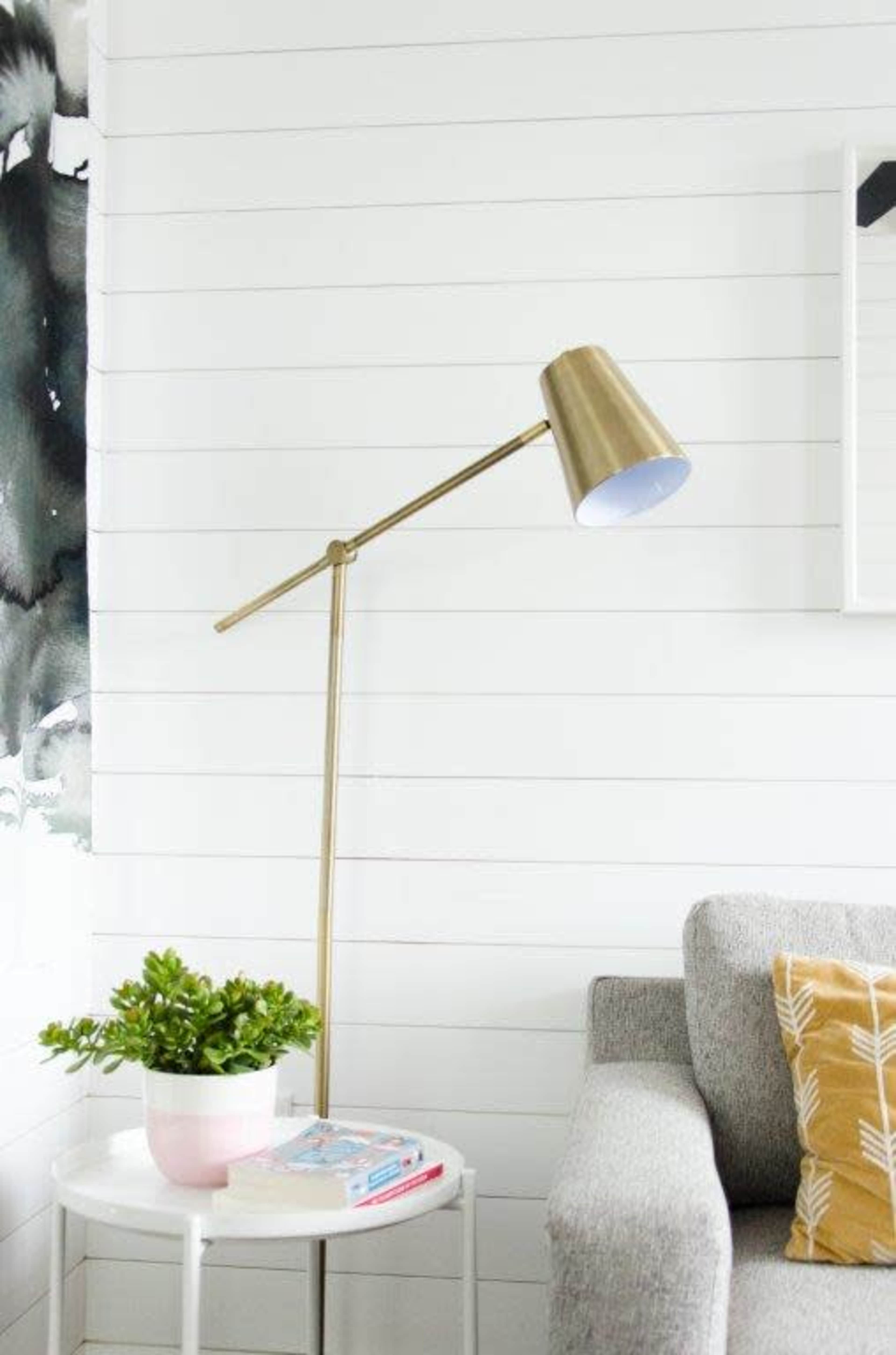 A floor lamp with a brass finish stands next to a gray couch on a white shiplap wall, accompanied by a small potted plant and books on a side table.