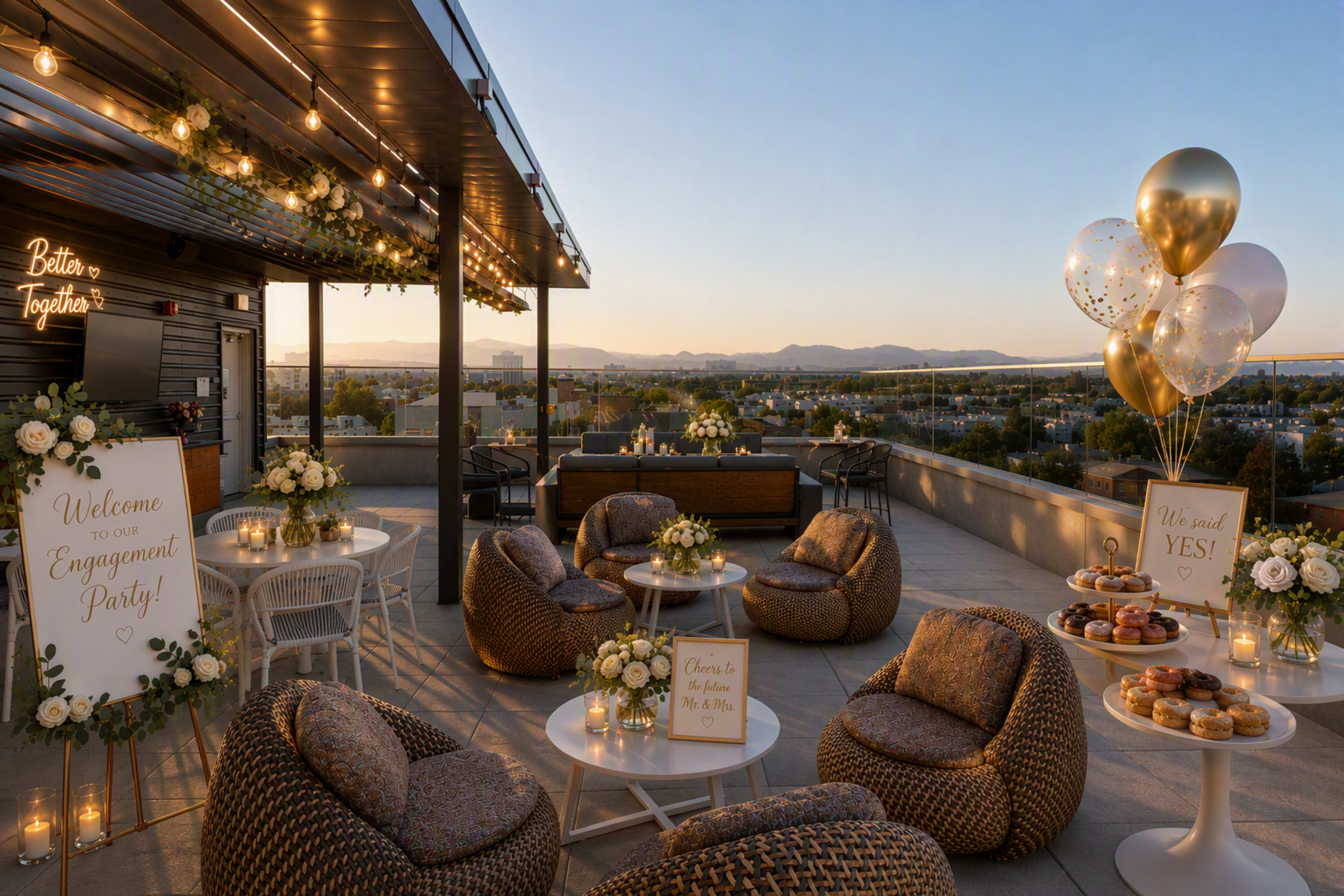 A rooftop engagement party setting features elegant seating arrangements, decorative flowers, a dessert display, and balloons against a backdrop of mountains at sunset.