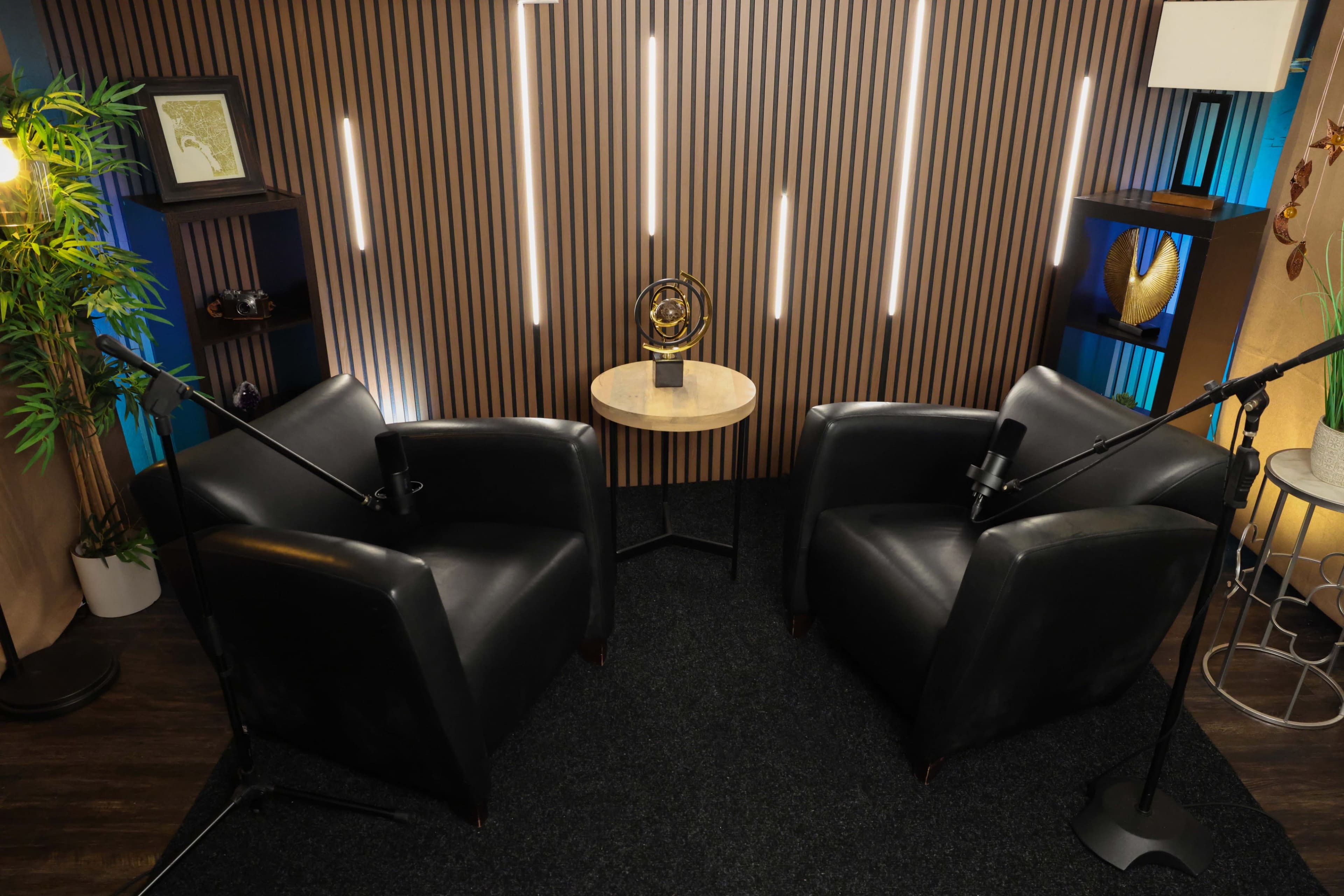 The image shows a cozy interview setup with two black chairs facing each other, a small round table in between, and decorative elements including plants and lights on the walls.