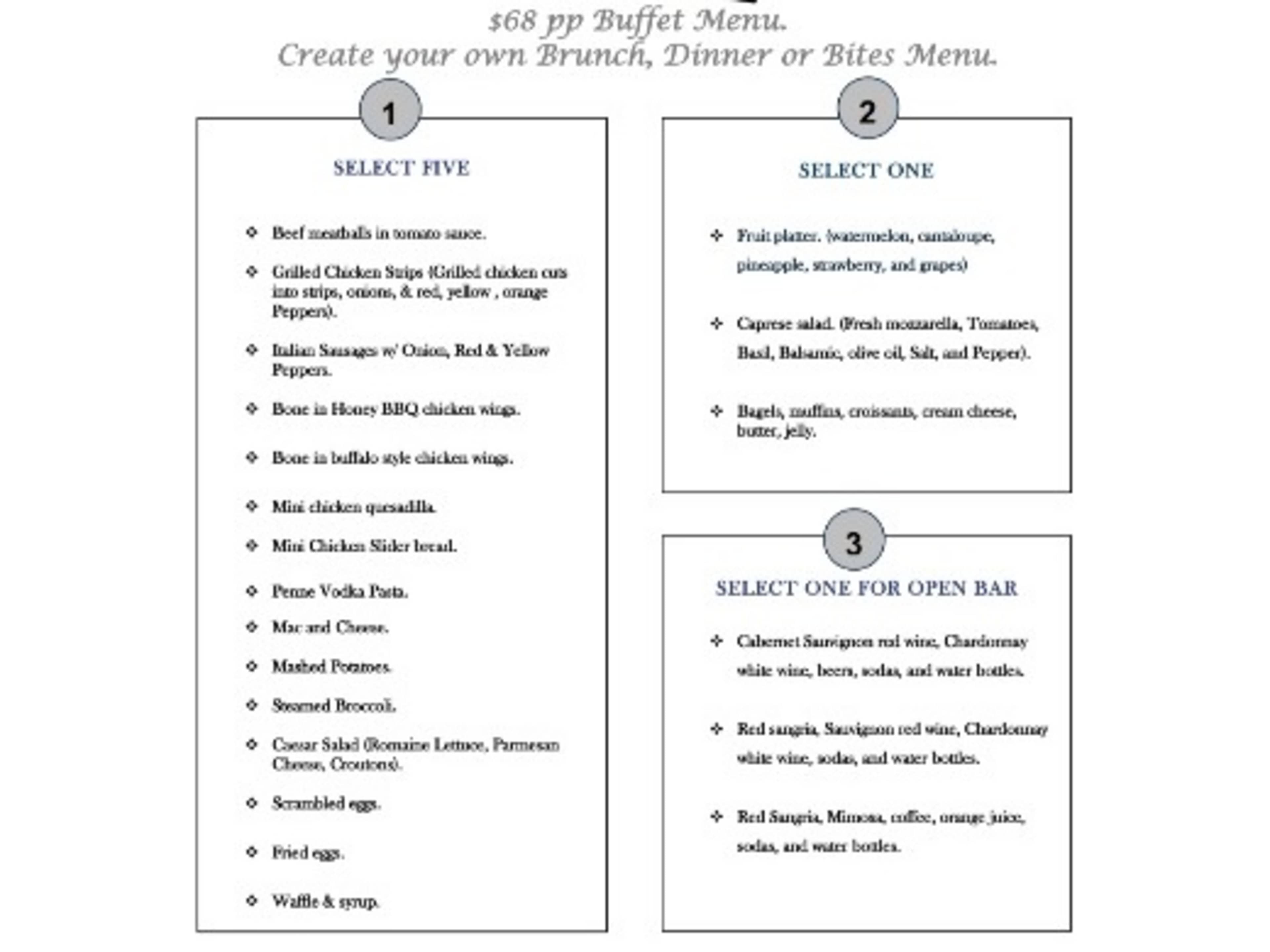 Create your own Brunch, Dinner or Bite buffet menu