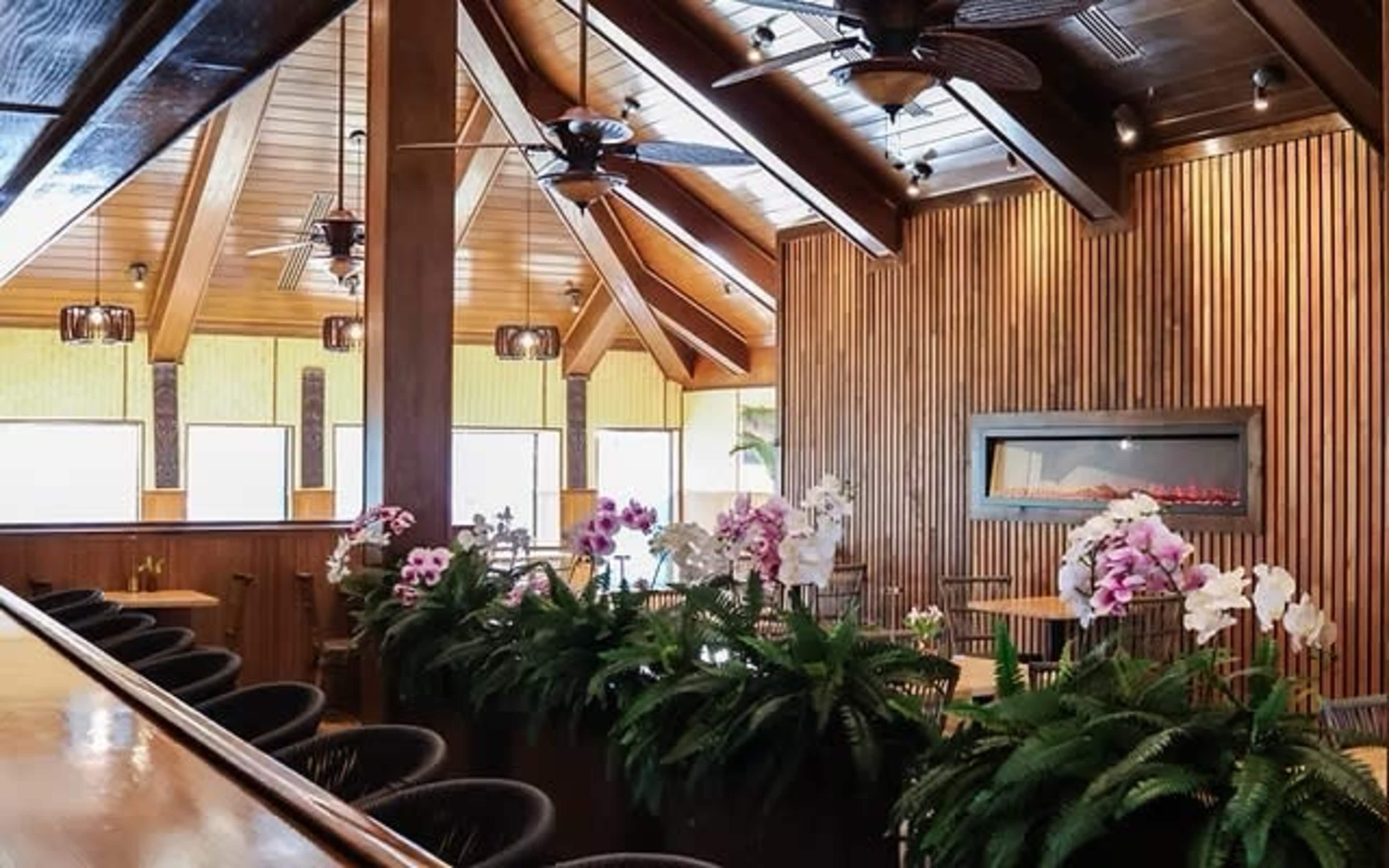The interior features a wooden structure with vaulted ceilings, ceiling fans, and potted orchids placed along the bar area.