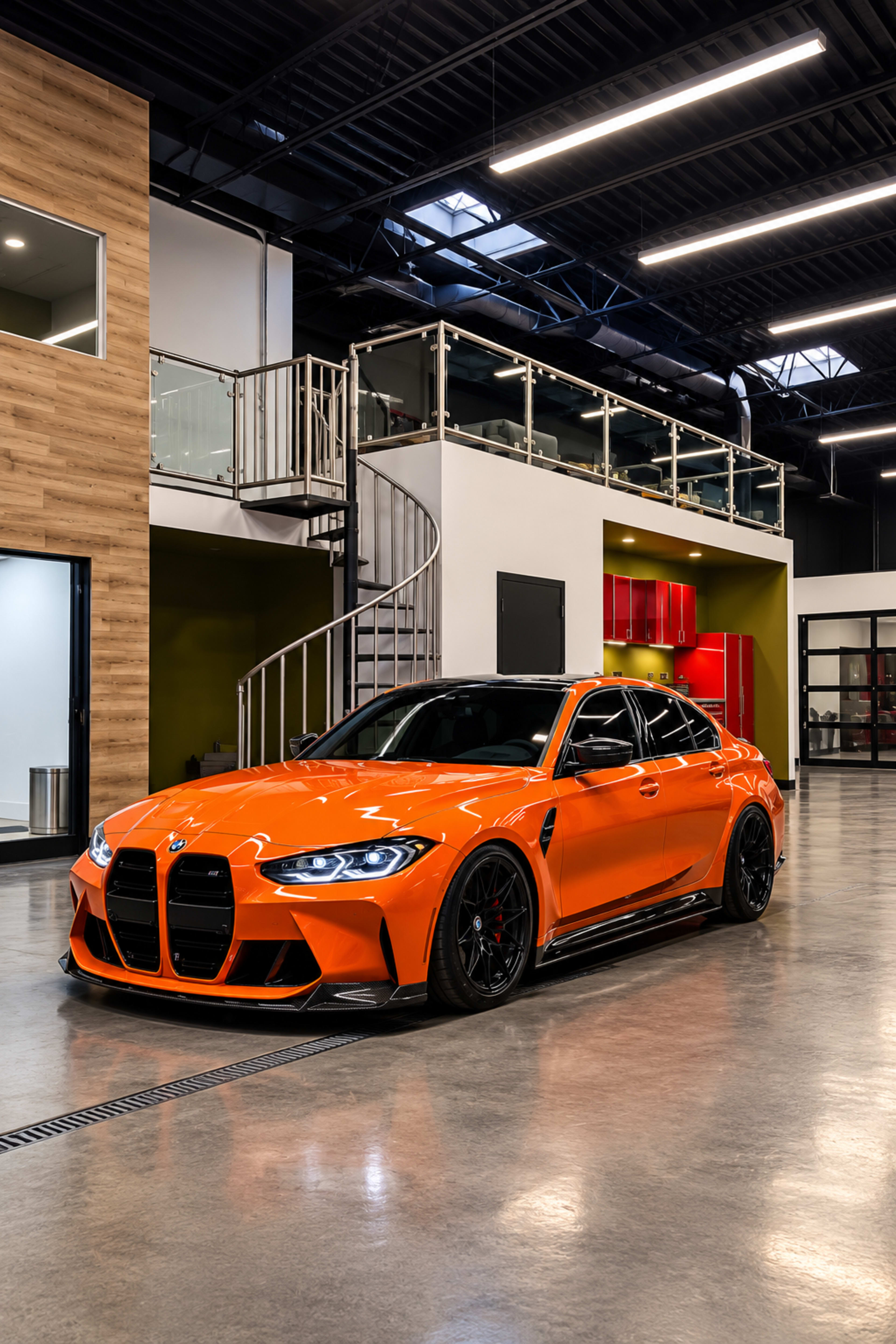 A bright orange BMW M3 is parked inside a modern industrial-style interior featuring wood paneling and a spiral staircase.