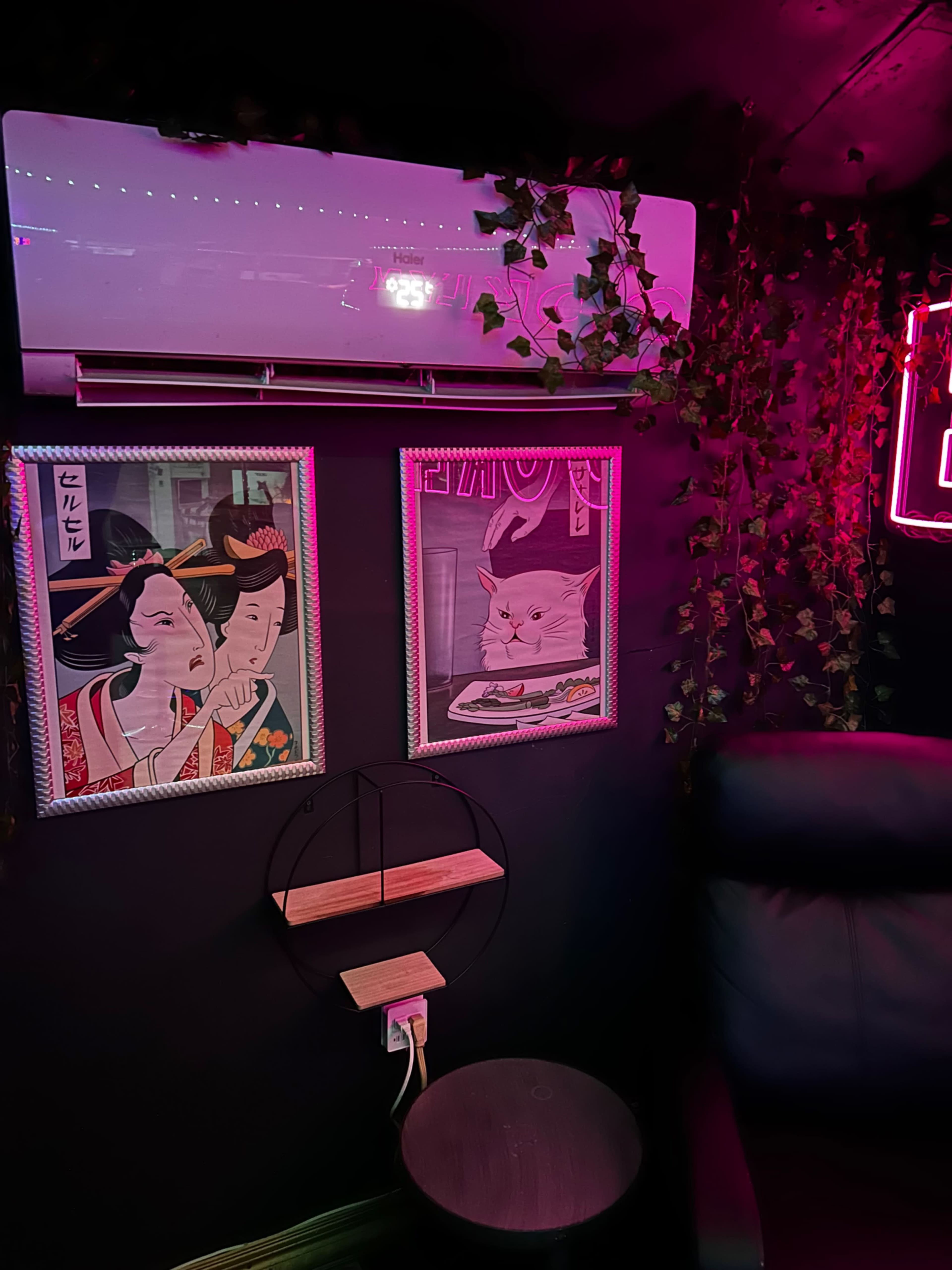 The image features two framed prints on a dark wall, one depicting two women in traditional attire and the other showing a cat, alongside a circular shelf and wall-mounted electrical outlet.