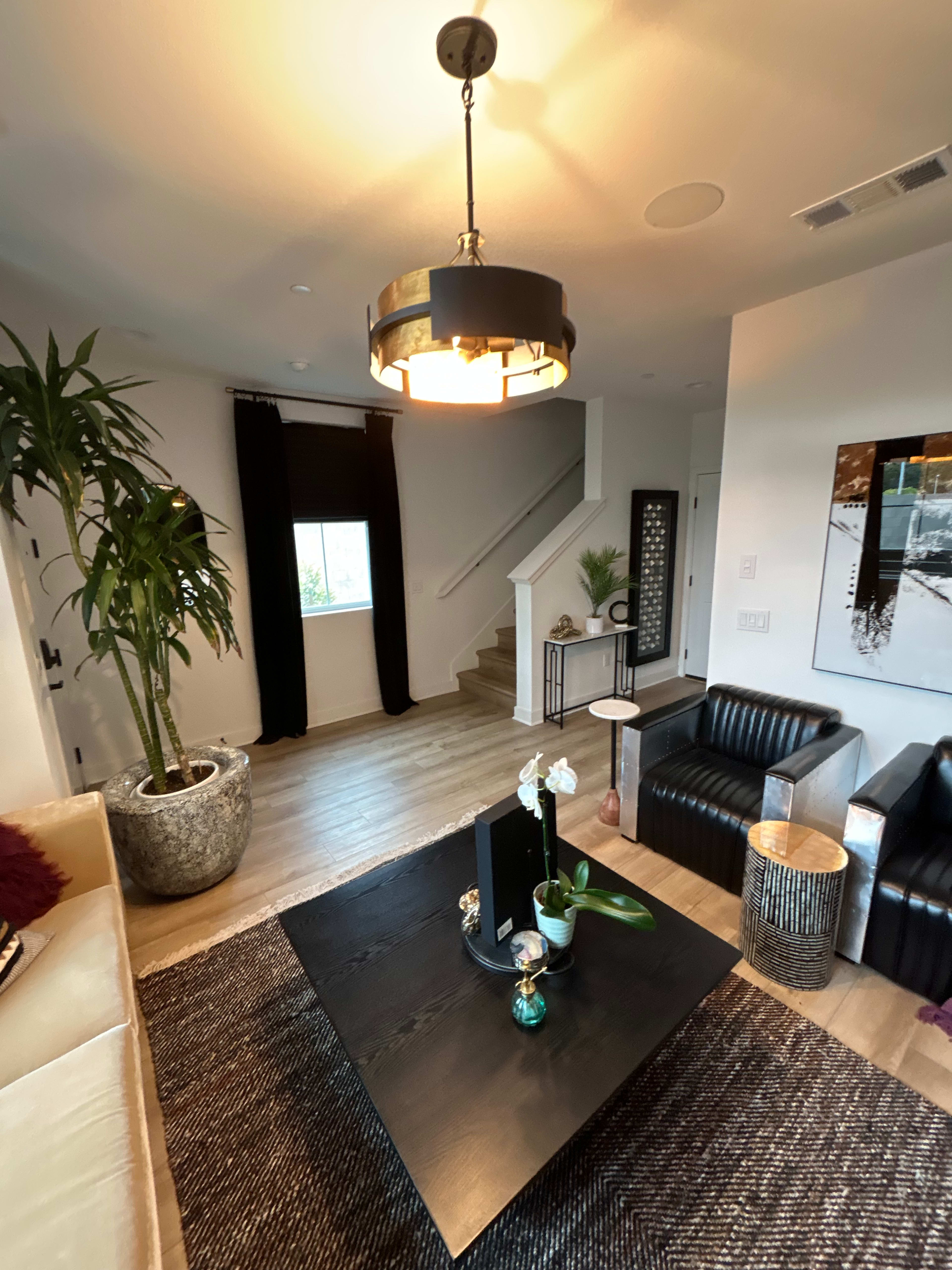 The image shows a modern living room with a light fixture overhead, a black coffee table, a potted plant, and two black chairs.