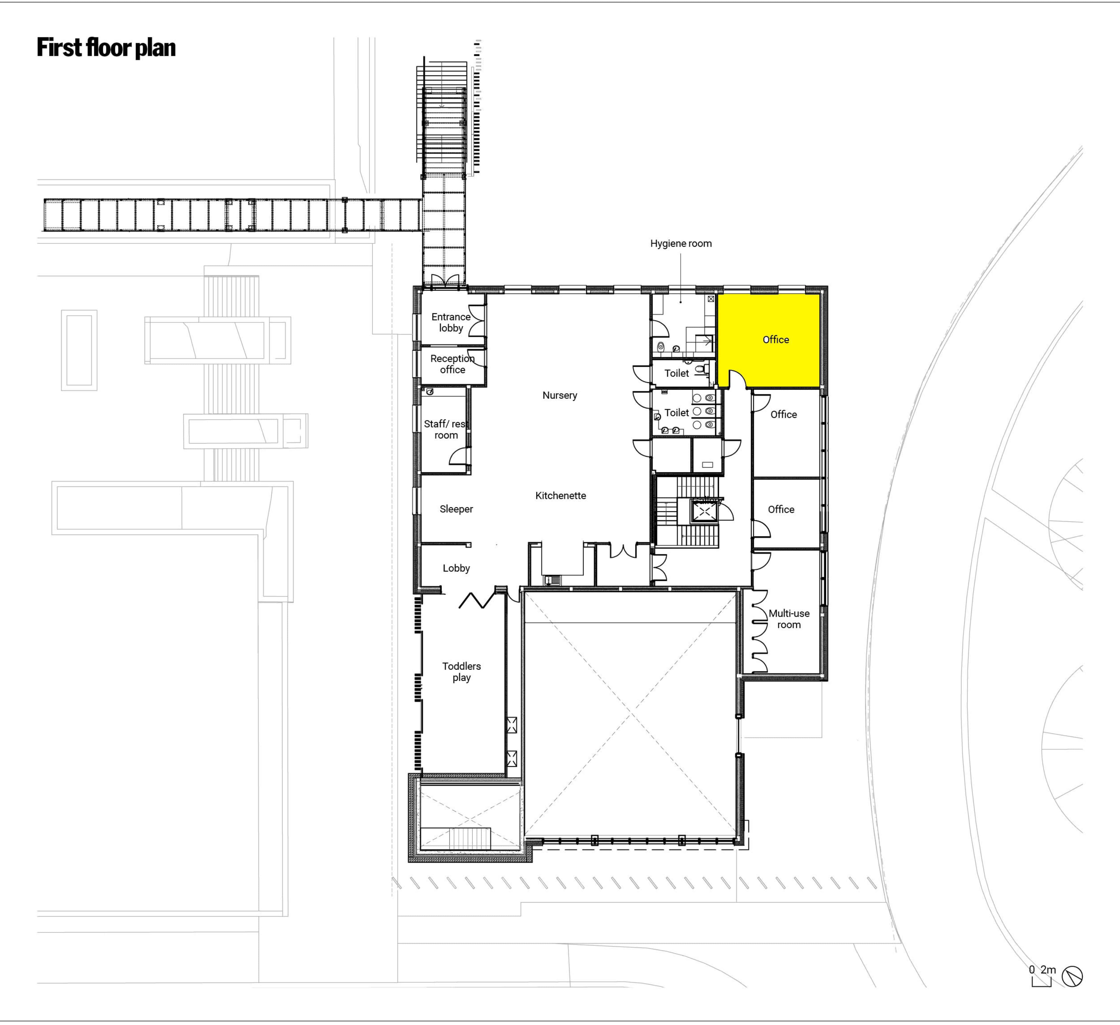 A first-floor architectural floor plan detailing the layout of various rooms, including offices, a nursery, a lobby, and a kitchen.