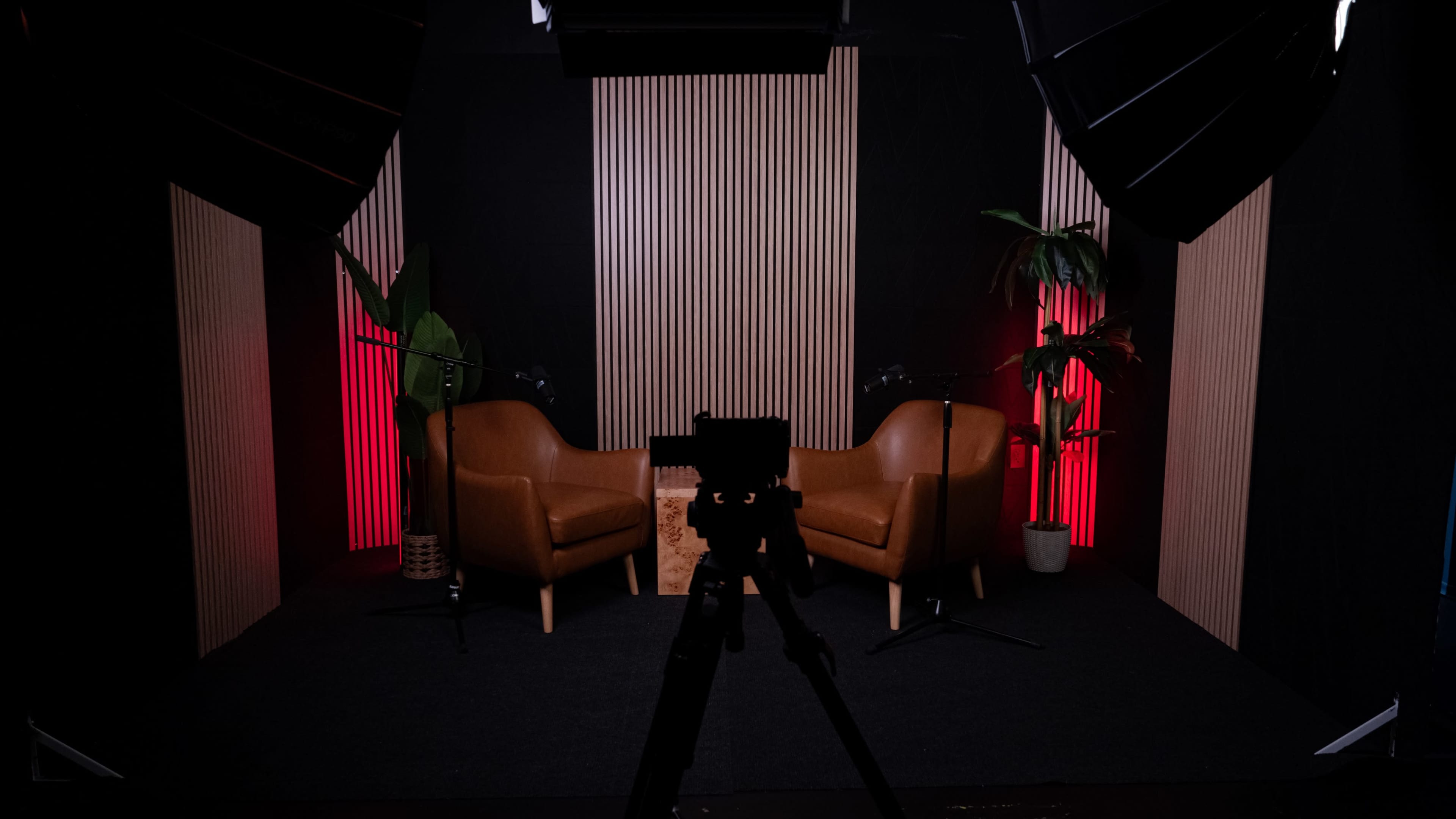 The image shows a studio setup featuring two brown chairs, a small table, and plants, with lighting designed for video recording.