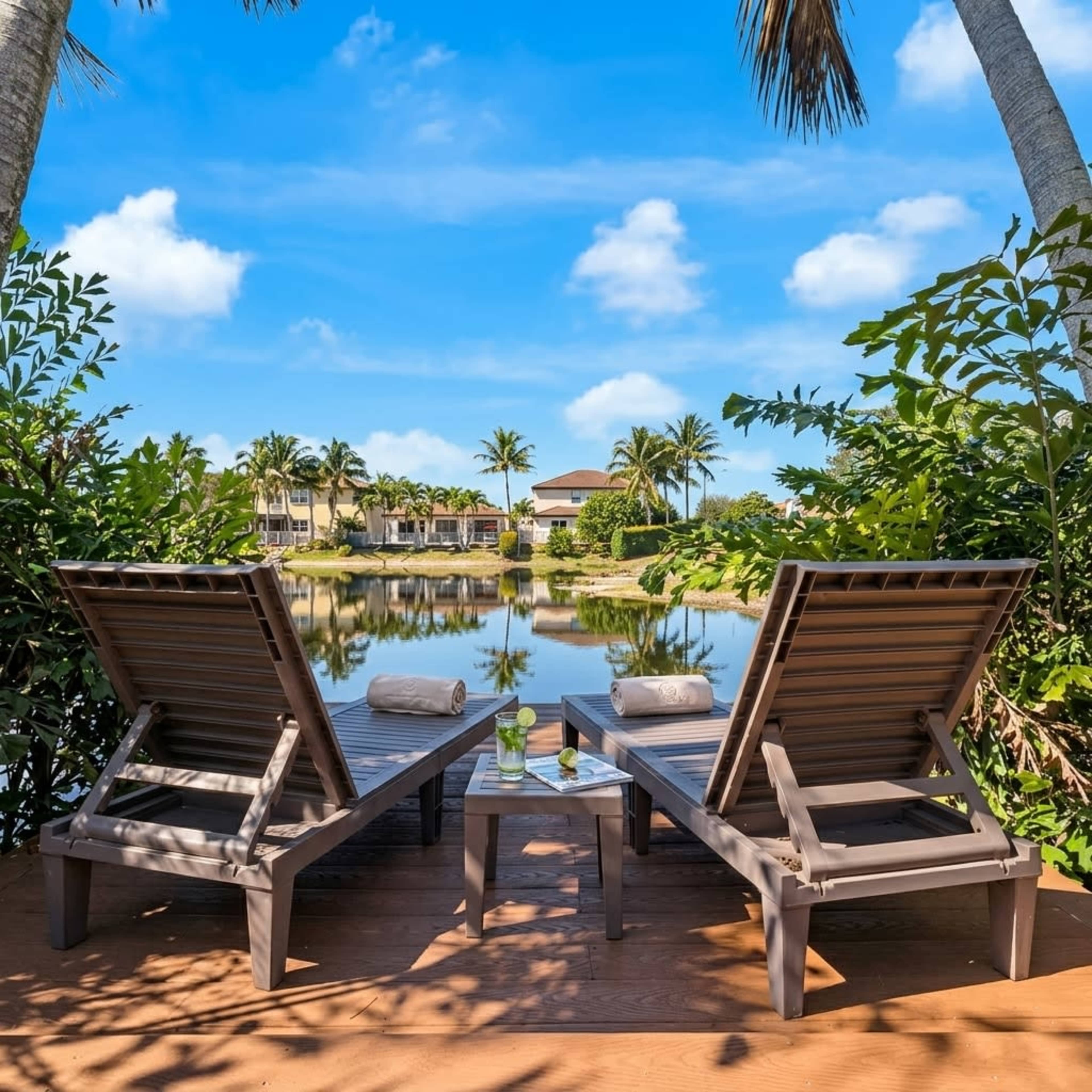Two lounge chairs are positioned near a calm body of water, surrounded by tropical plants and palm trees, with a clear blue sky overhead.
