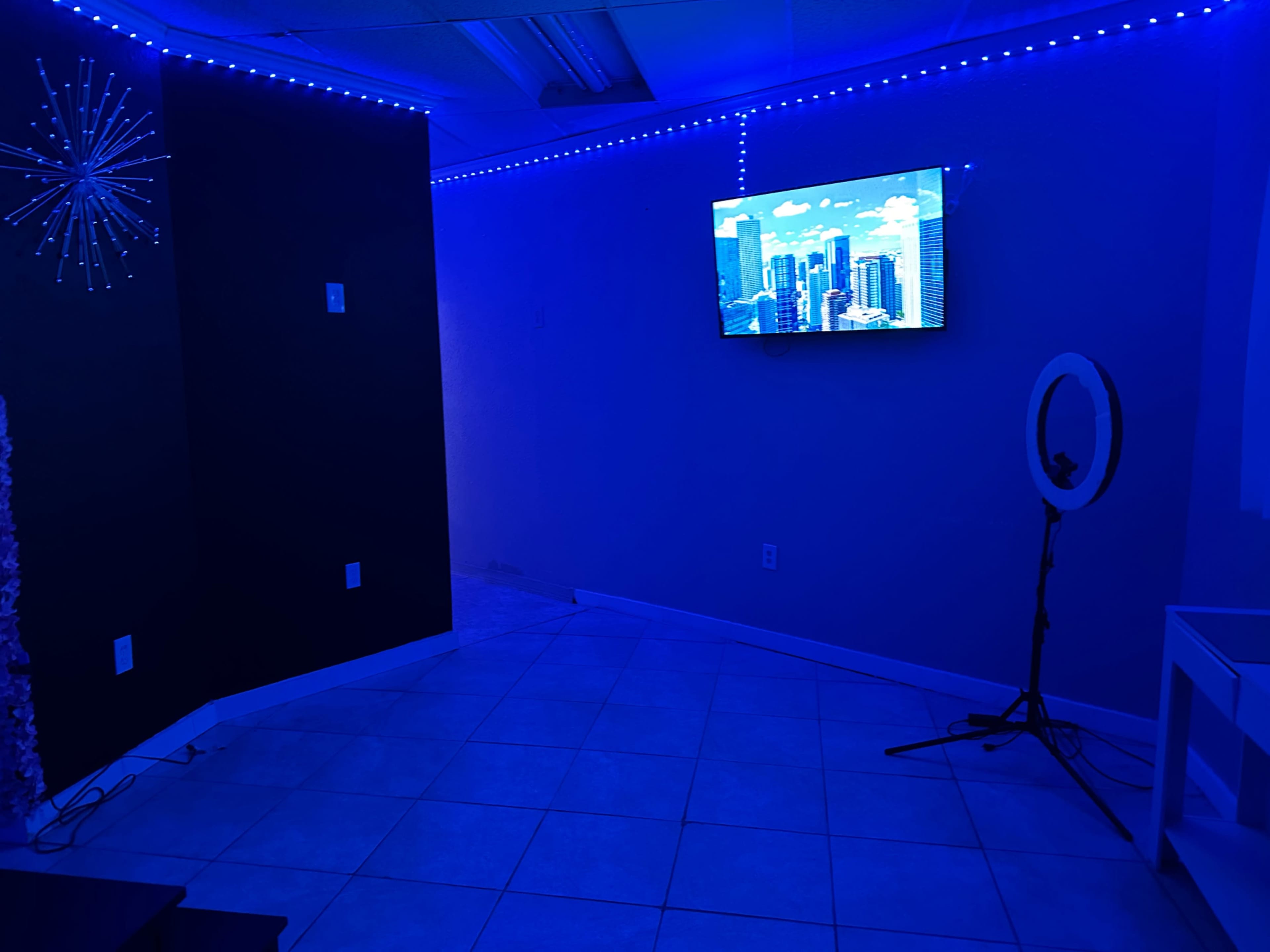 The room features a TV mounted on the wall displaying a city skyline, illuminated by blue LED lights and accompanied by a ring light on a stand.