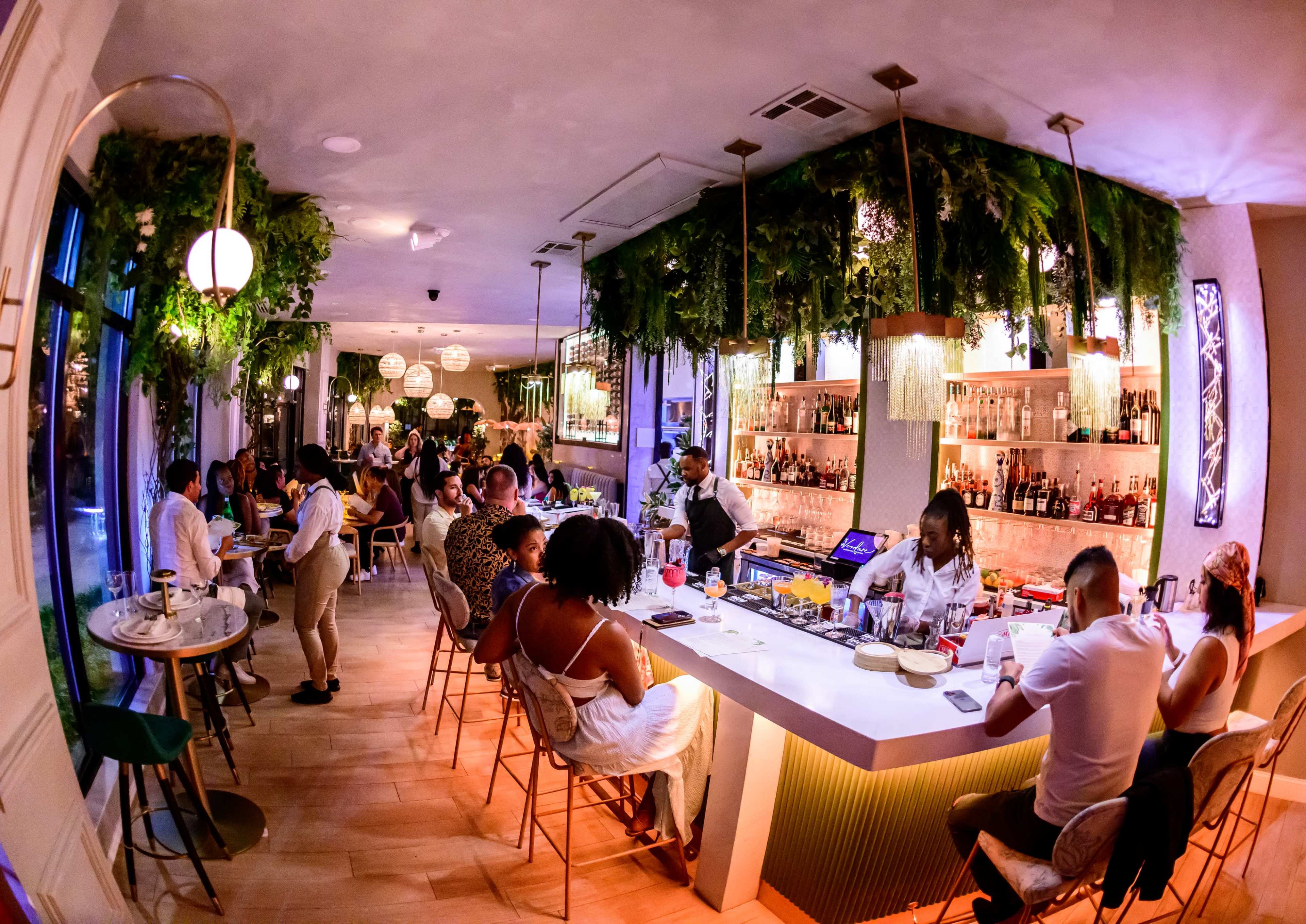 A lively bar scene is filled with patrons enjoying drinks at a well-lit establishment adorned with greenery.