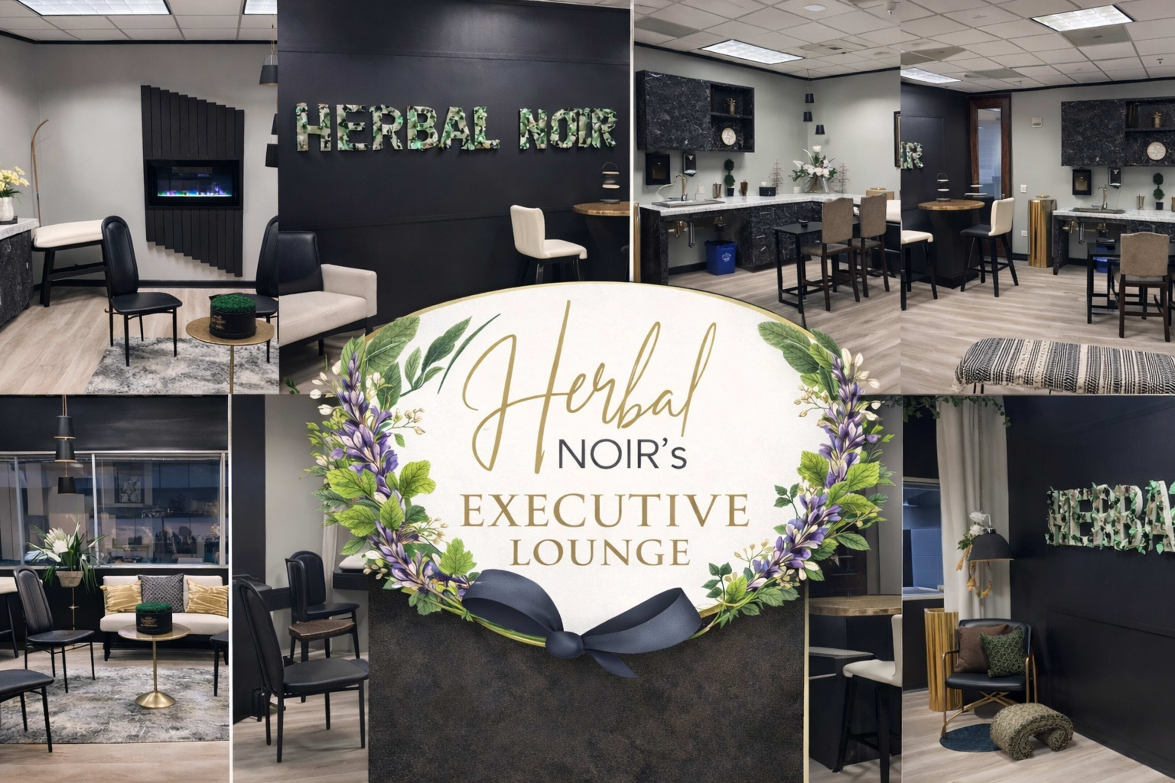 The image showcases a modern executive lounge called "Herbal Noir," featuring stylish seating areas, decorative wall accents, and a well-organized space for relaxation and socializing.