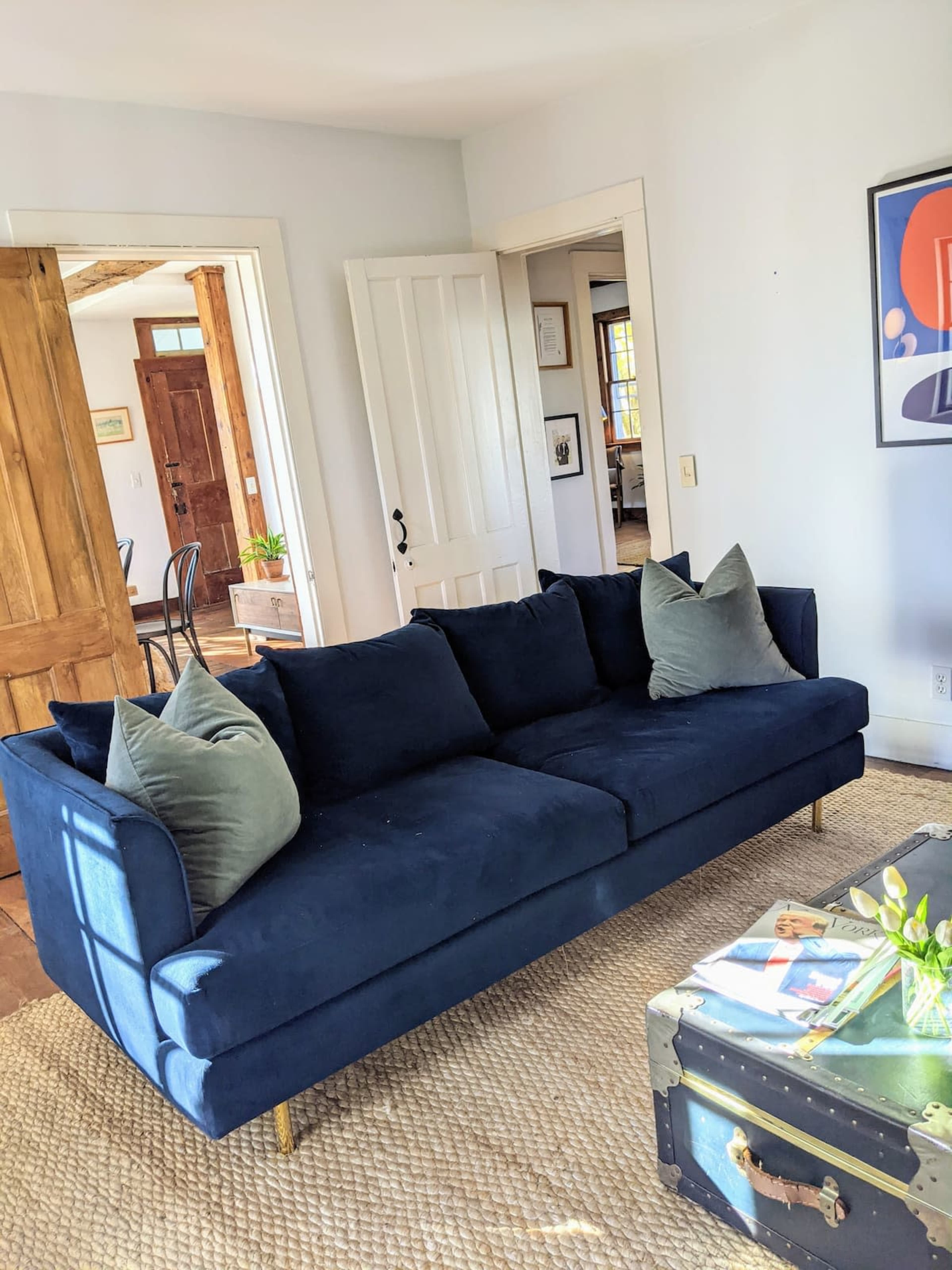 A navy blue sofa with decorative pillows is positioned in a bright room, featuring a wooden door and a coffee table nearby.