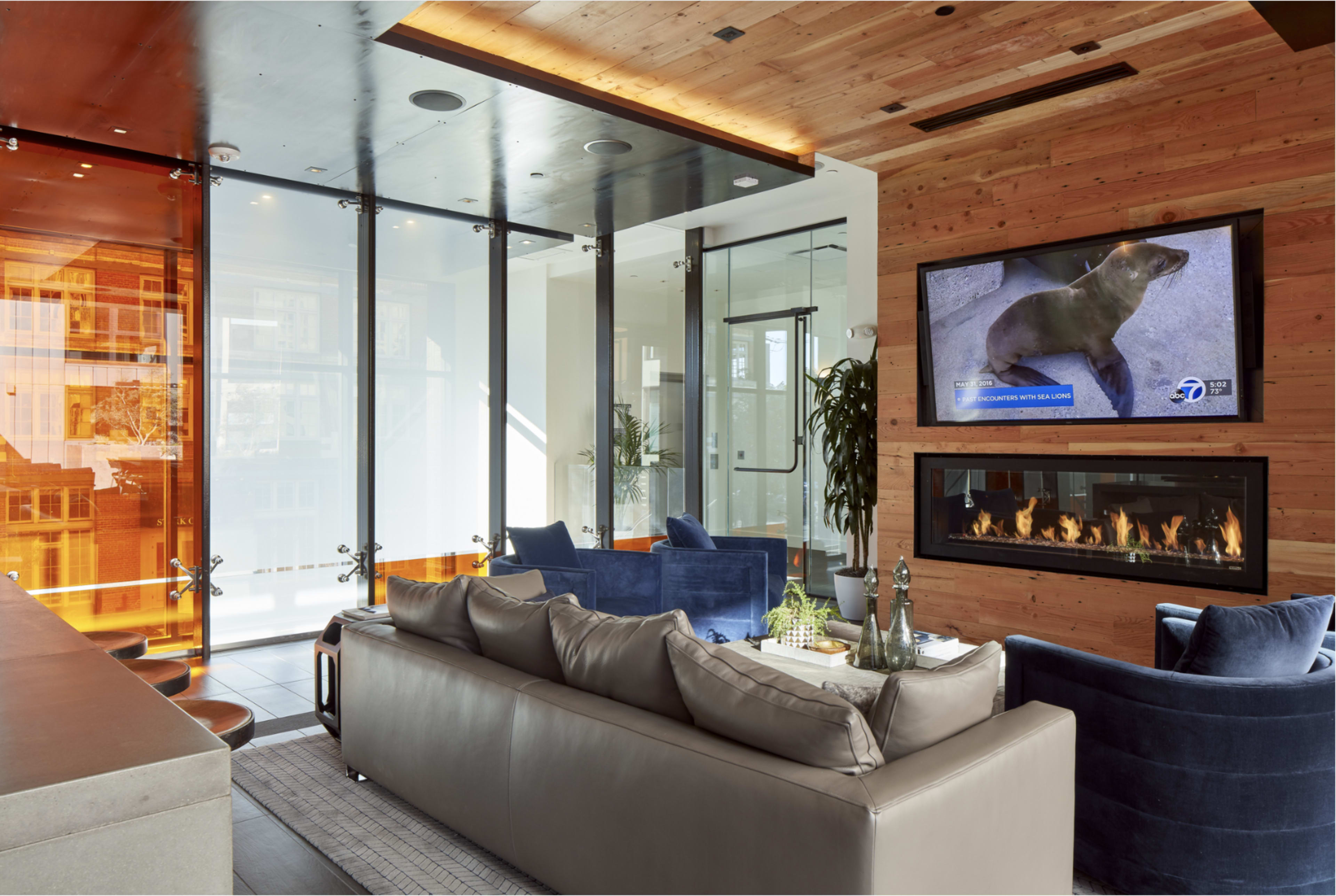 The image shows a modern living room with a large sectional sofa, a glass wall, a television mounted on the wall displaying an animal program, and a fireplace beneath it.