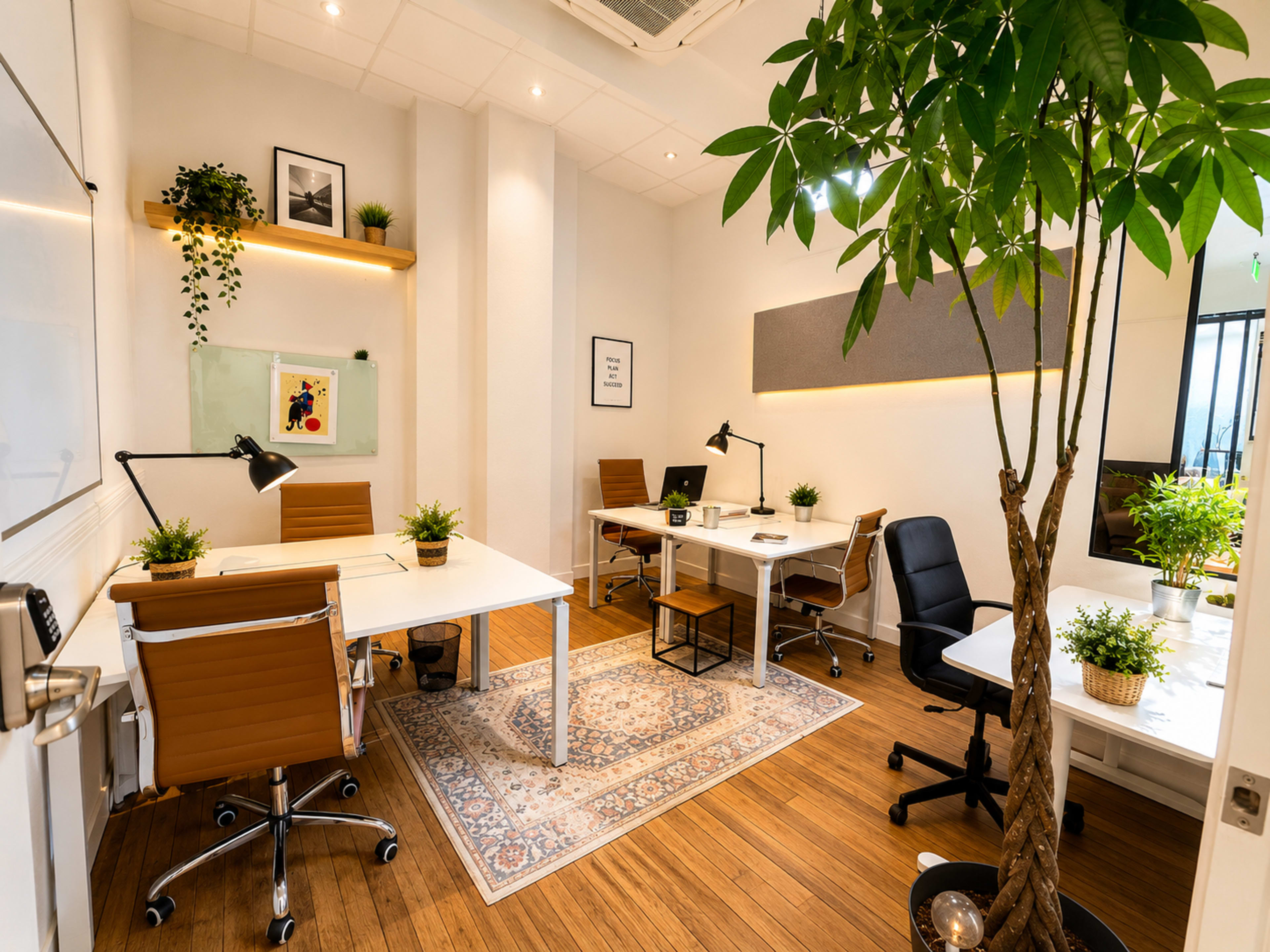 The image shows a modern office space with several workstations, plants, and wooden flooring.