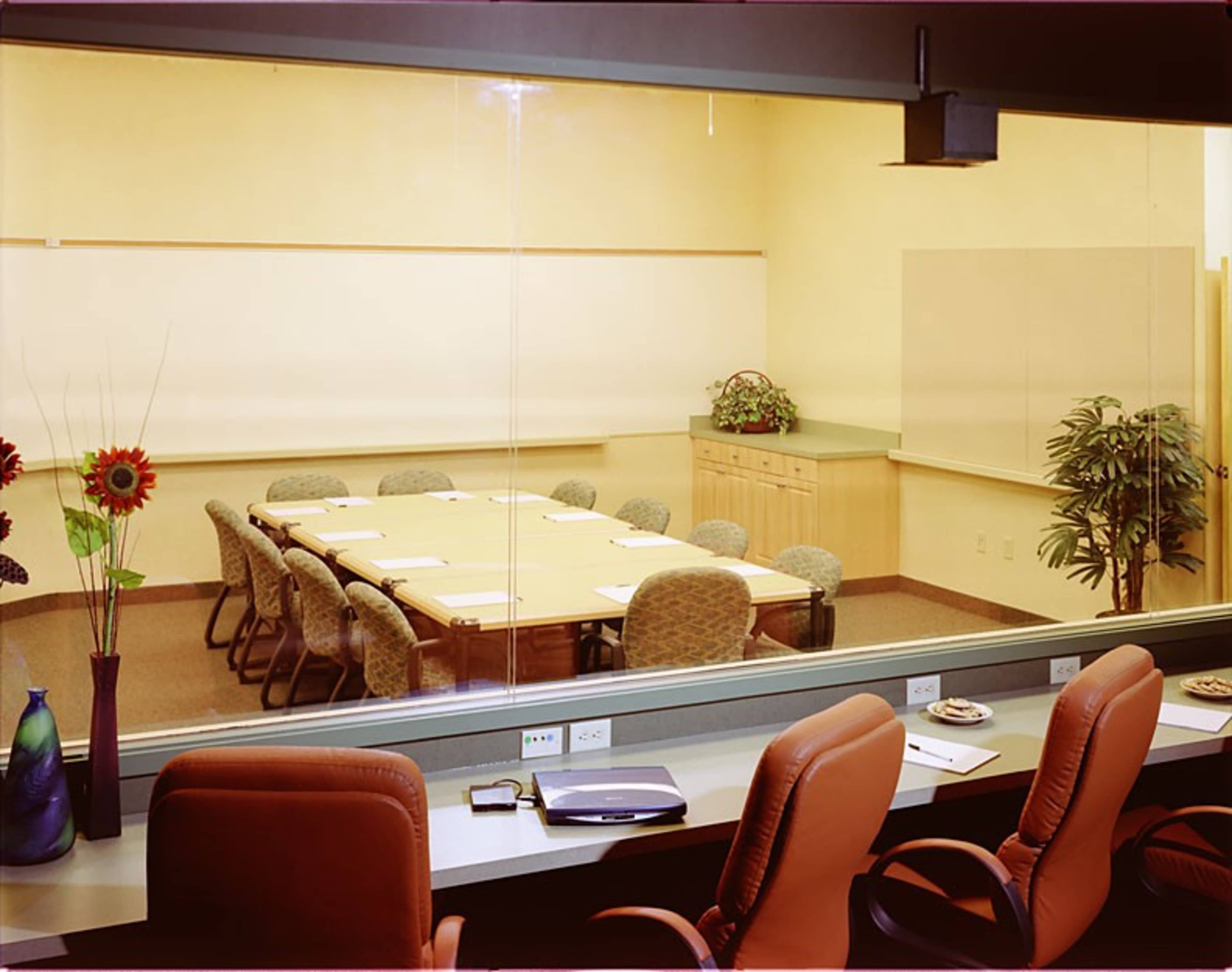 A conference room with a long table surrounded by chairs, viewed through a glass wall, features a plant and decorative elements.