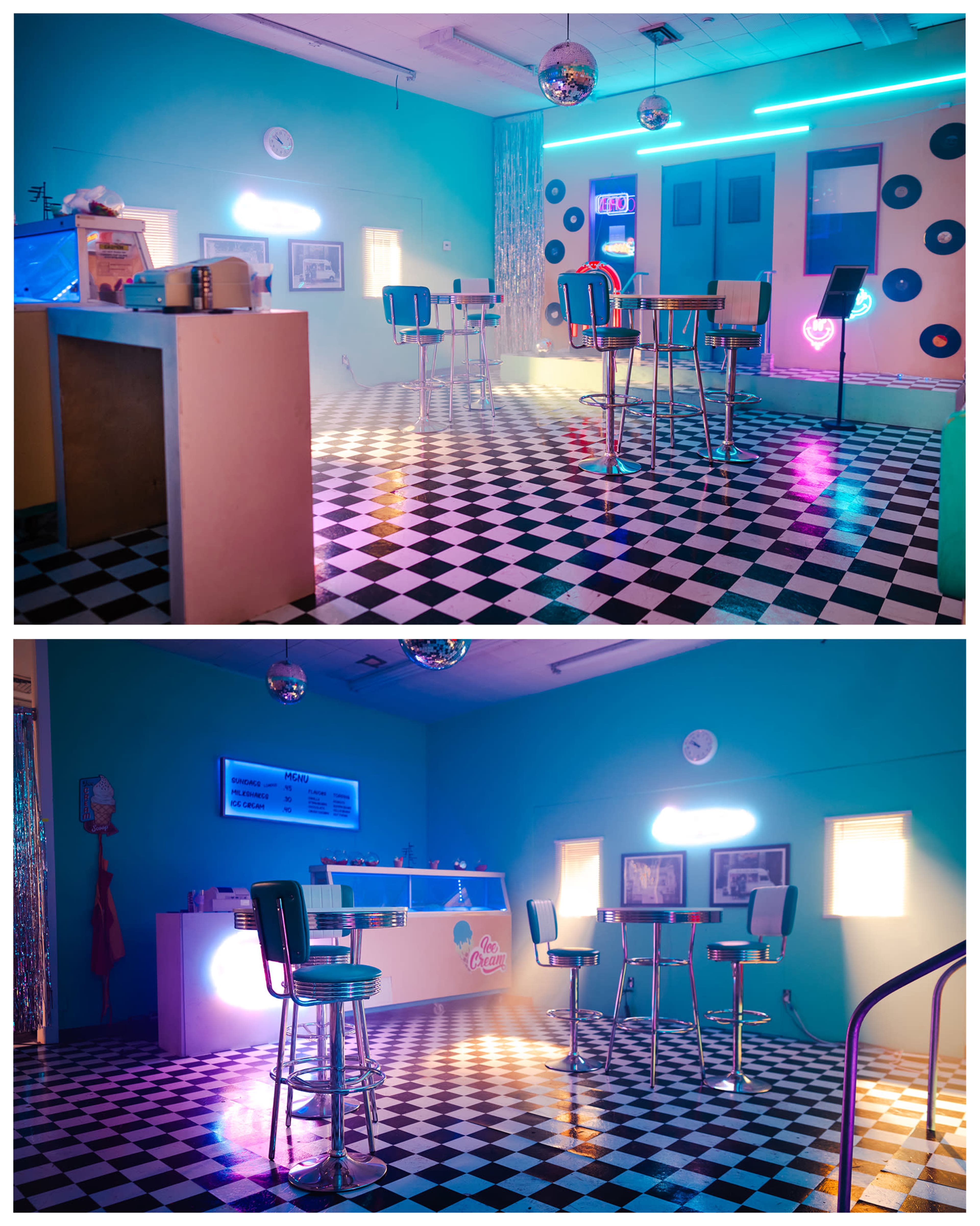 A brightly lit retro-themed café with a checkered floor, neon lights, and circular wall decorations.