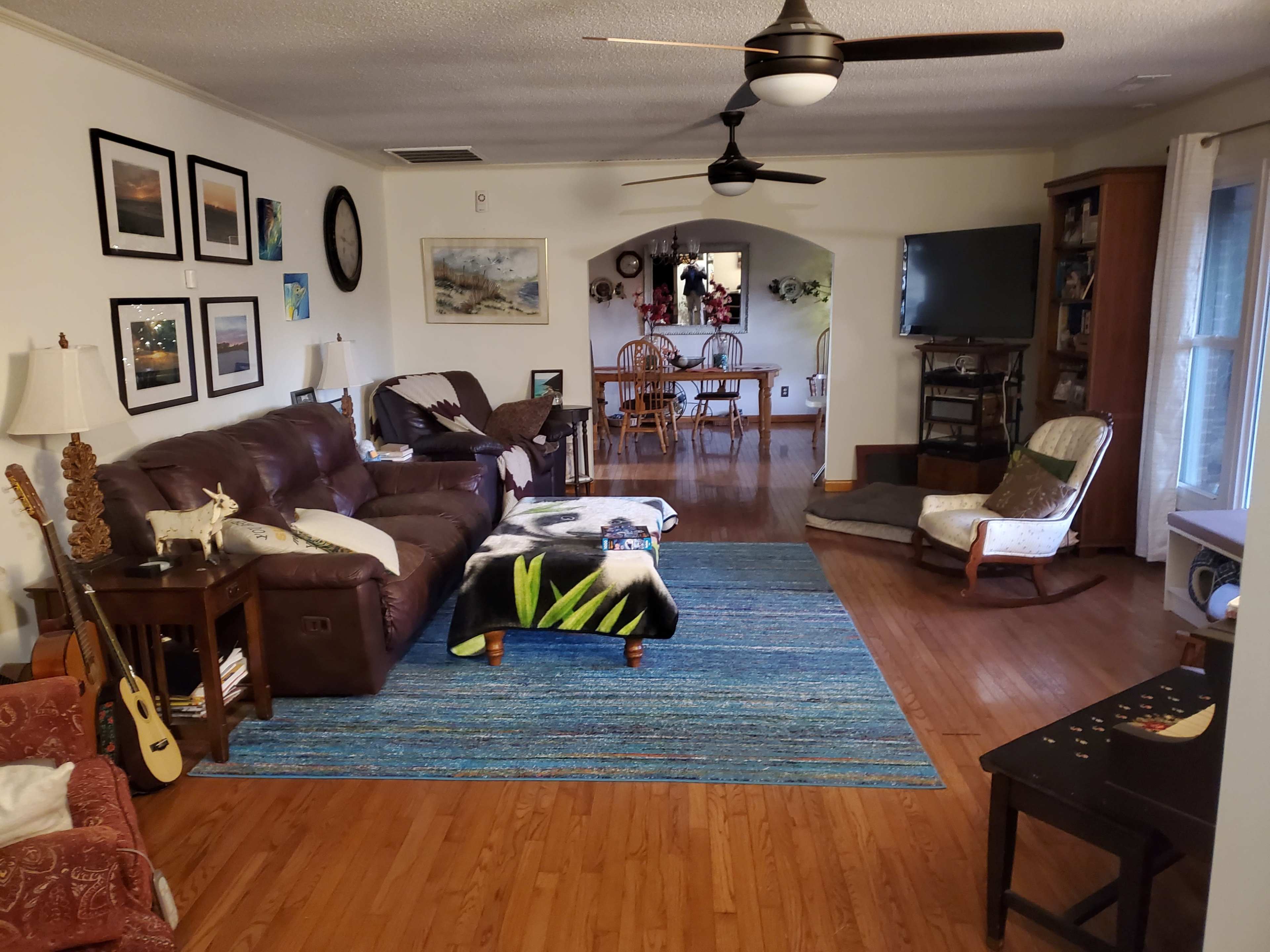 The living room features a brown couch, a blue rug, and various decorations on the walls, with a dining area visible in the background.