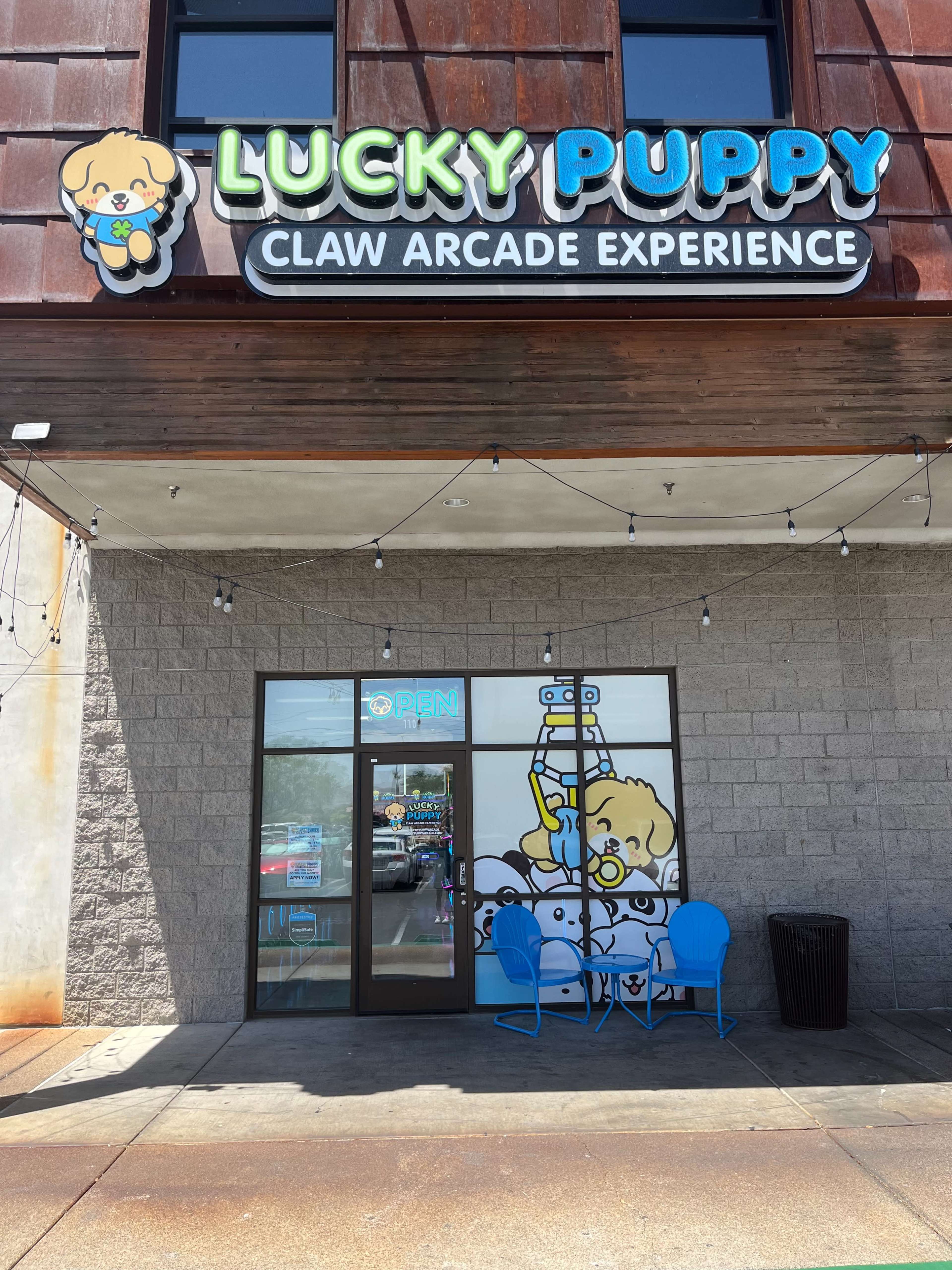 The image shows the exterior of a business named "Lucky Puppy," featuring a colorful sign above the entrance and a playful illustration of a puppy on the wall.