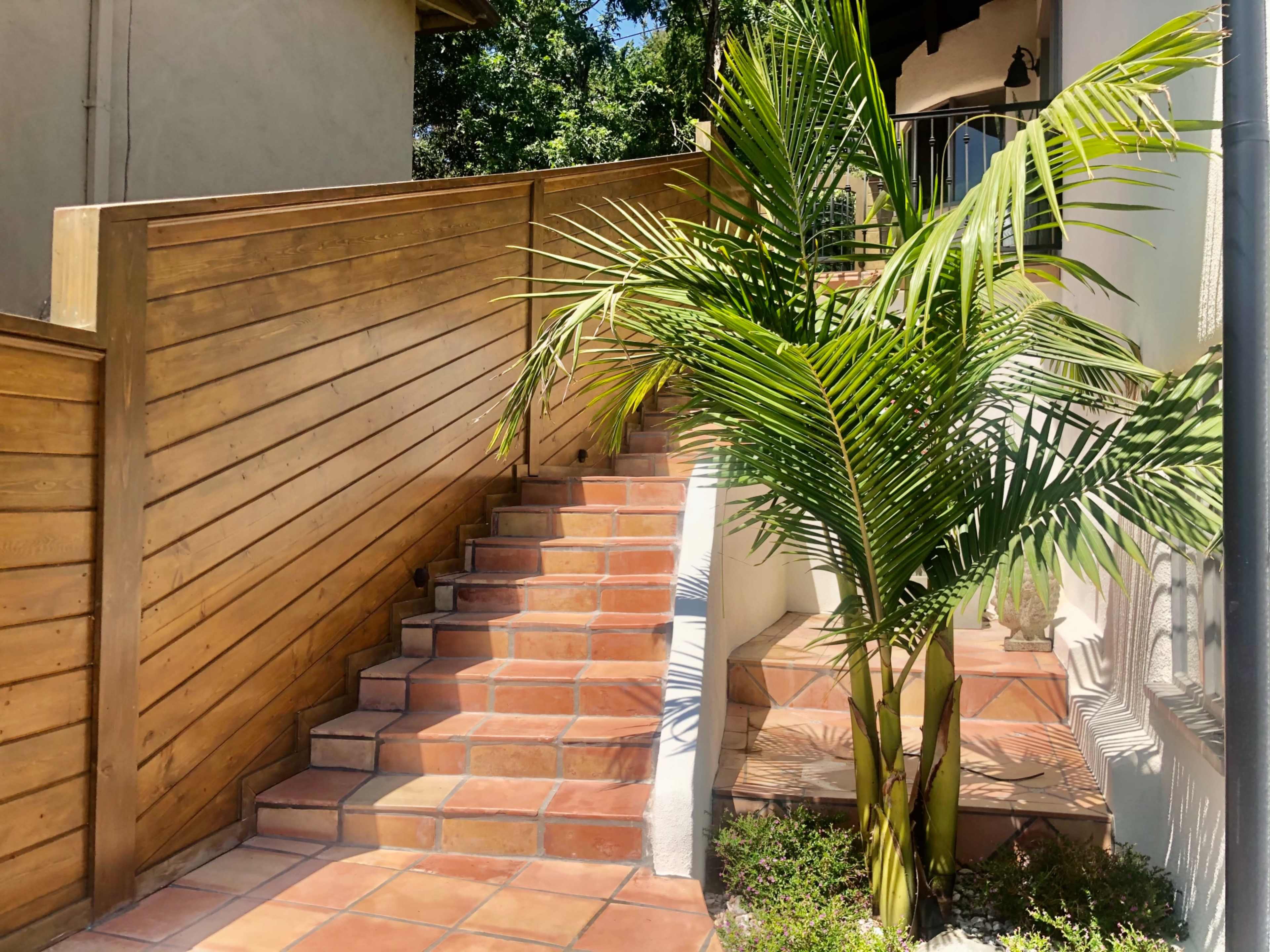 The image shows a set of tiled stairs leading up to a building, flanked by a palm plant and a wooden privacy fence.