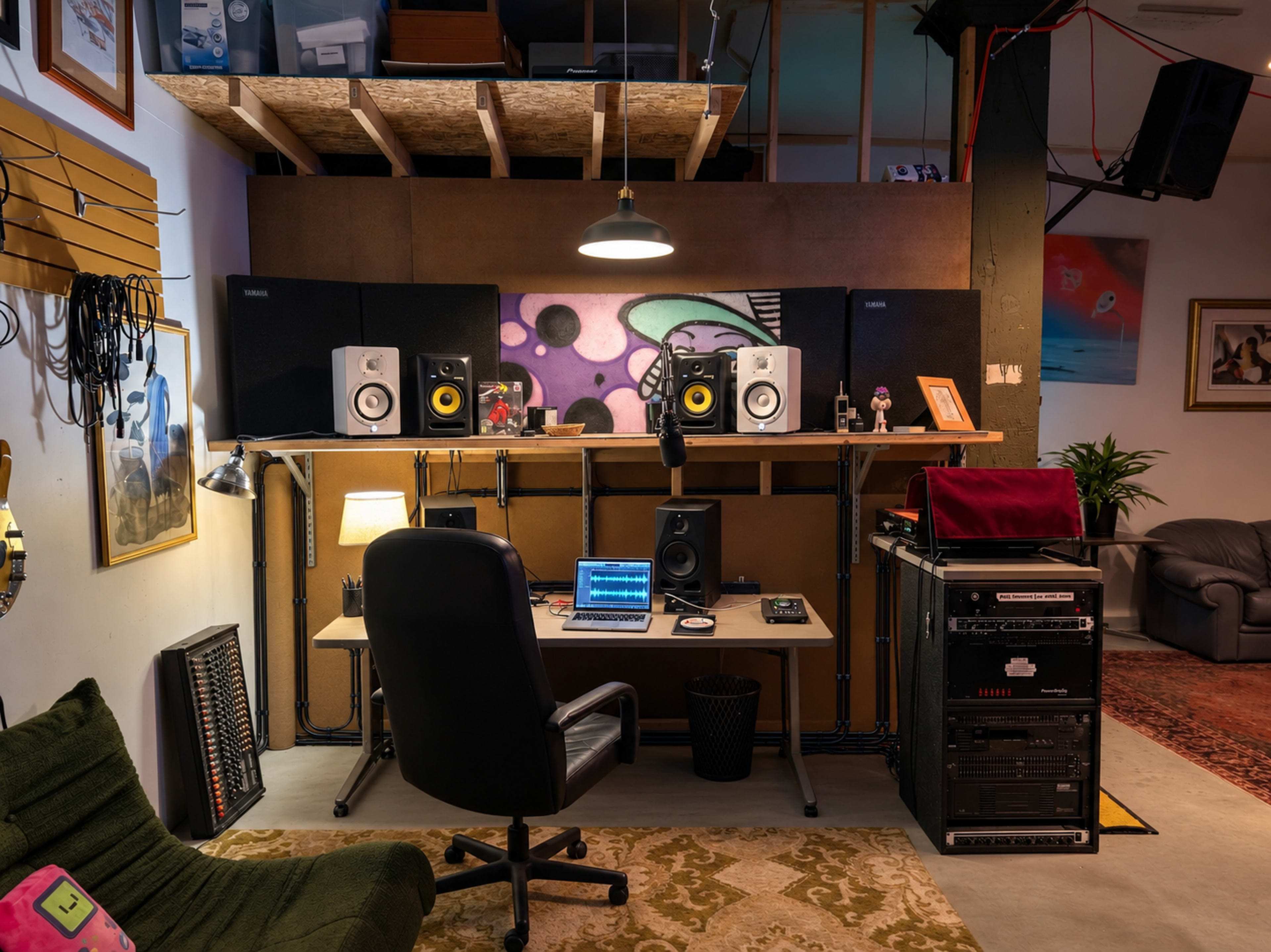 A music production studio features a desk with a computer and audio equipment, surrounded by large speakers and various music accessories on shelves.