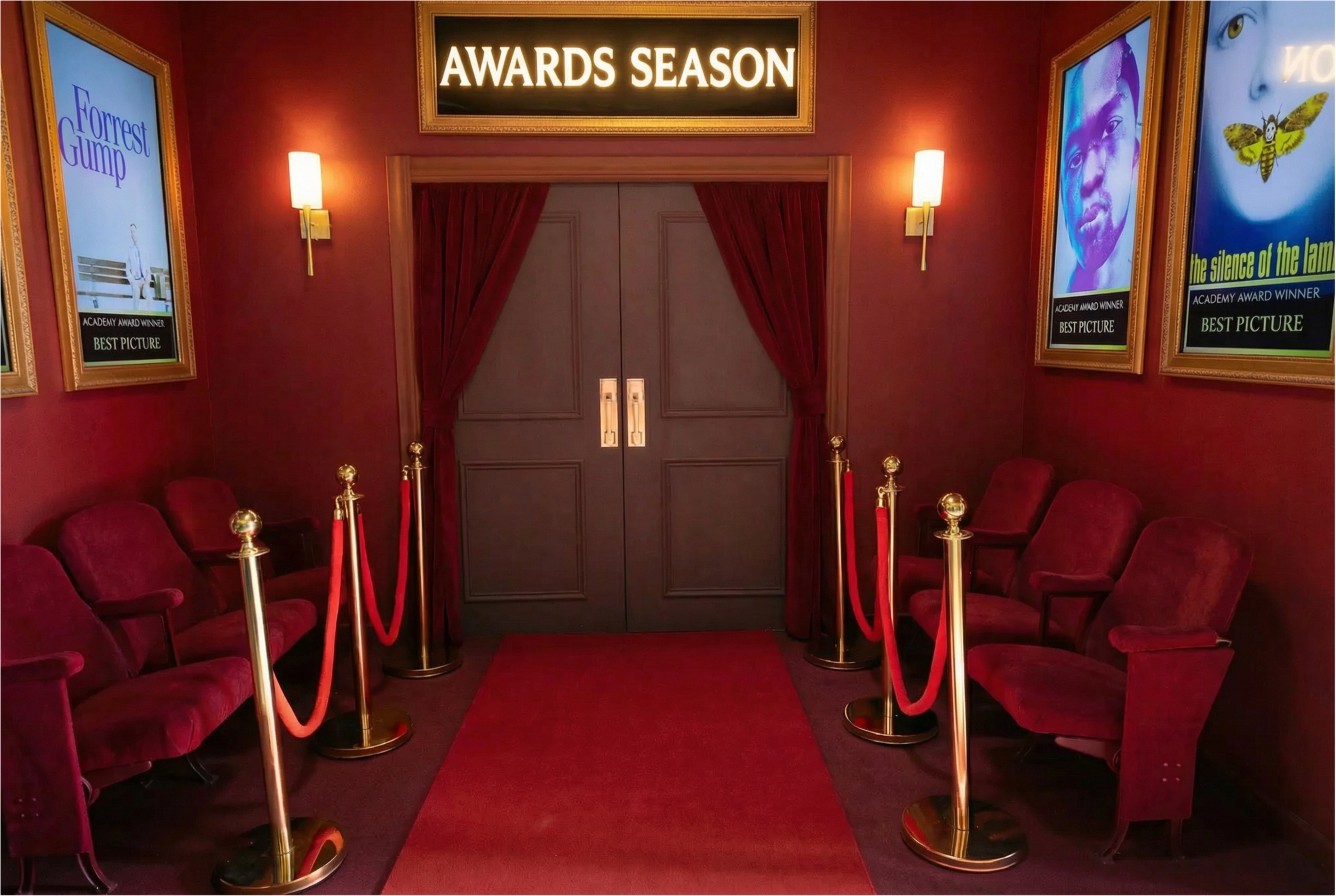 The image shows an elegantly decorated entrance adorned with 'Awards Season' signage, flanked by velvet ropes and red carpet, leading to a set of double doors.