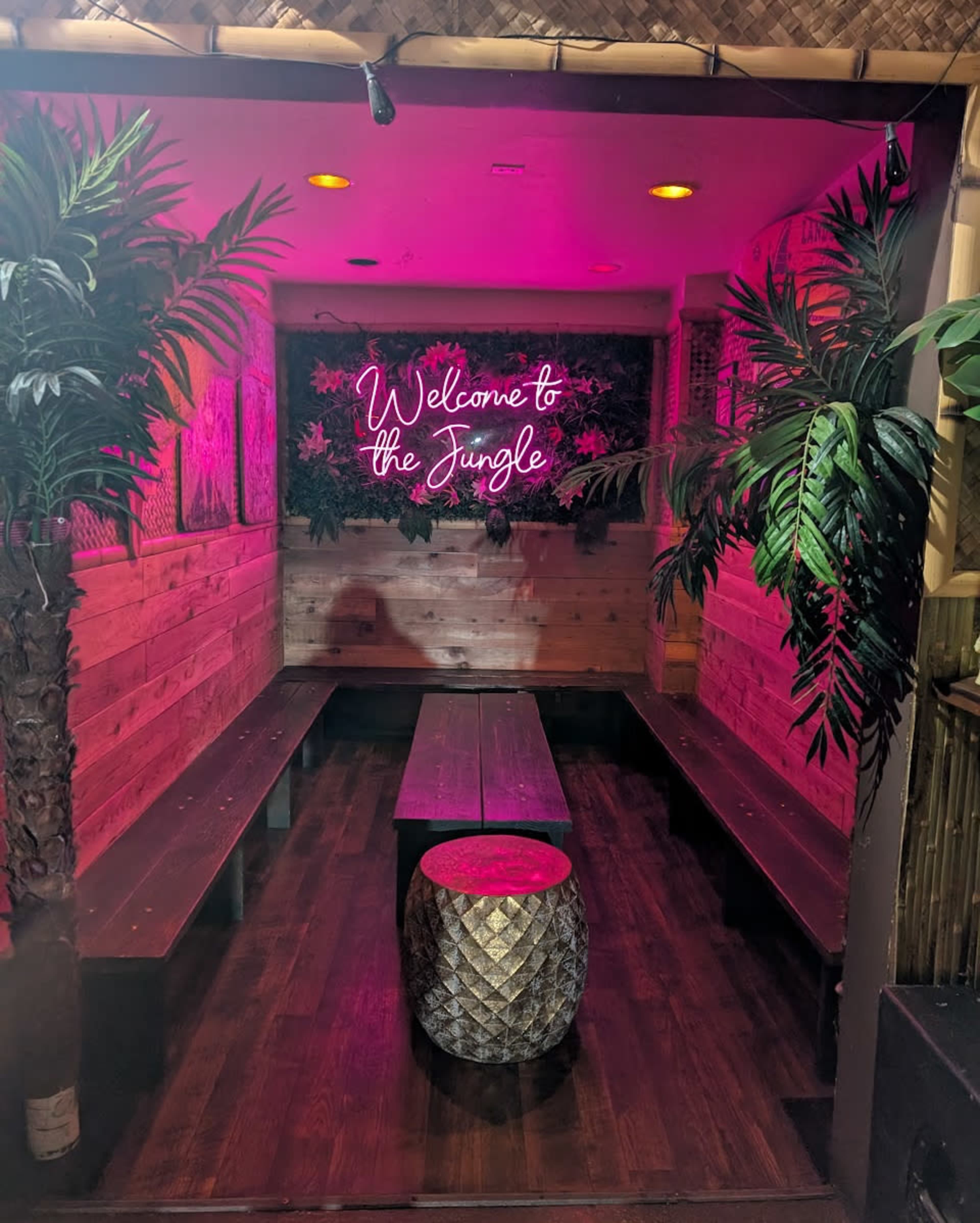 The image shows a cozy seating area with wooden benches, a round stool resembling a pineapple, and a neon sign that reads "Welcome to the Jungle."