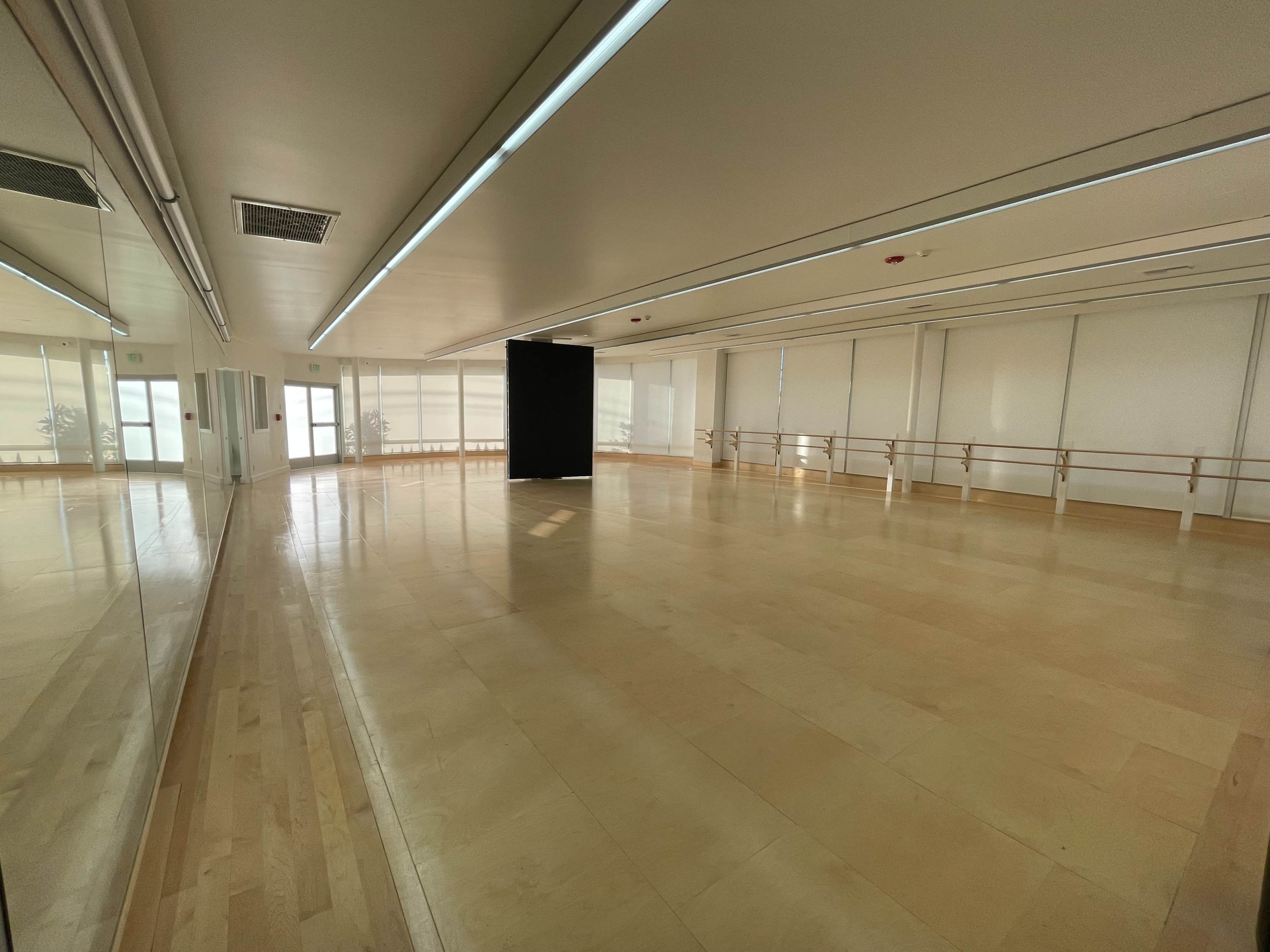 The image shows a spacious dance studio with mirrored walls, a black panel, and wooden flooring illuminated by natural light.