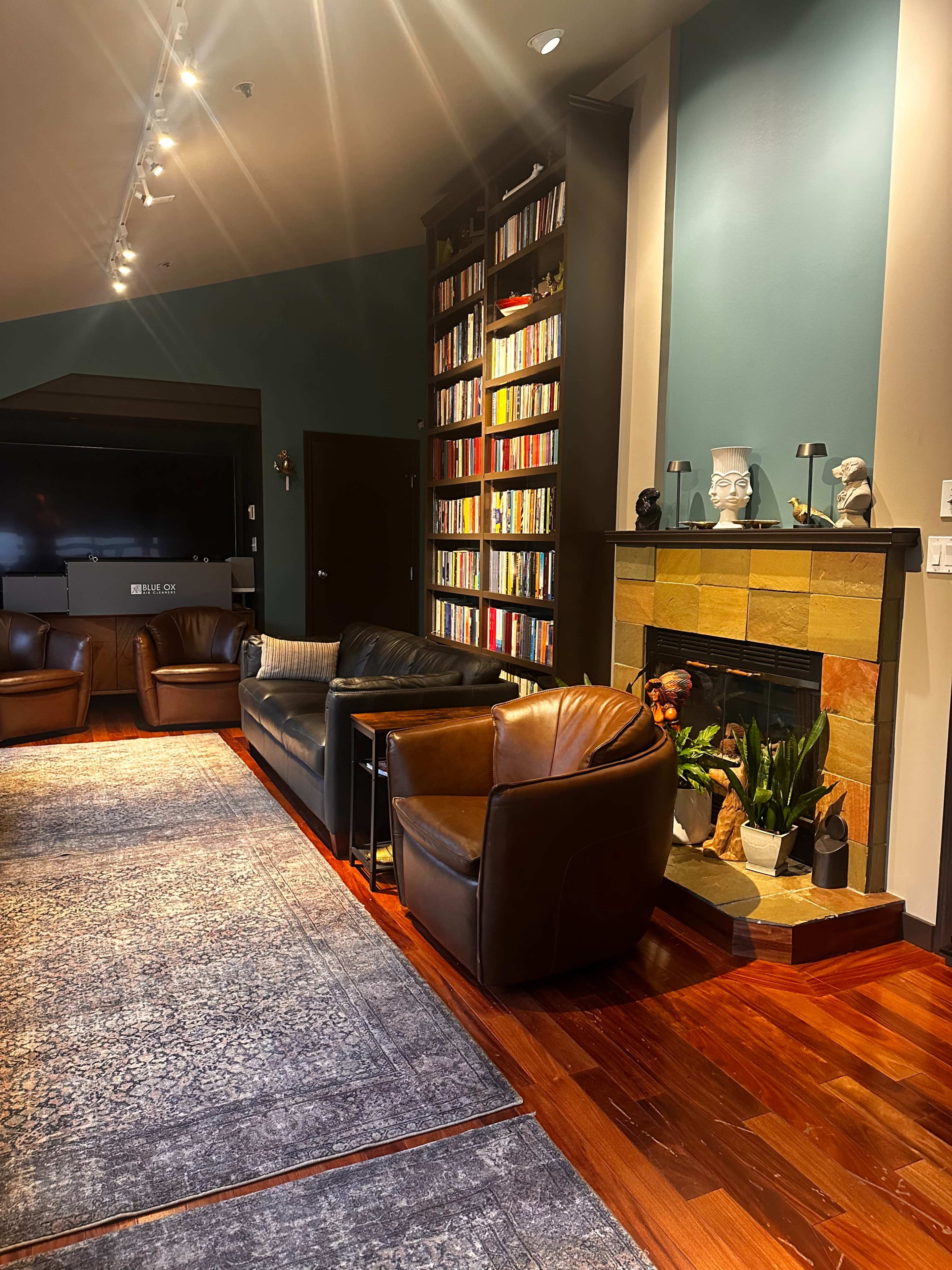 A cozy living room features a fireplace, a collection of books on shelves, and leather seating.