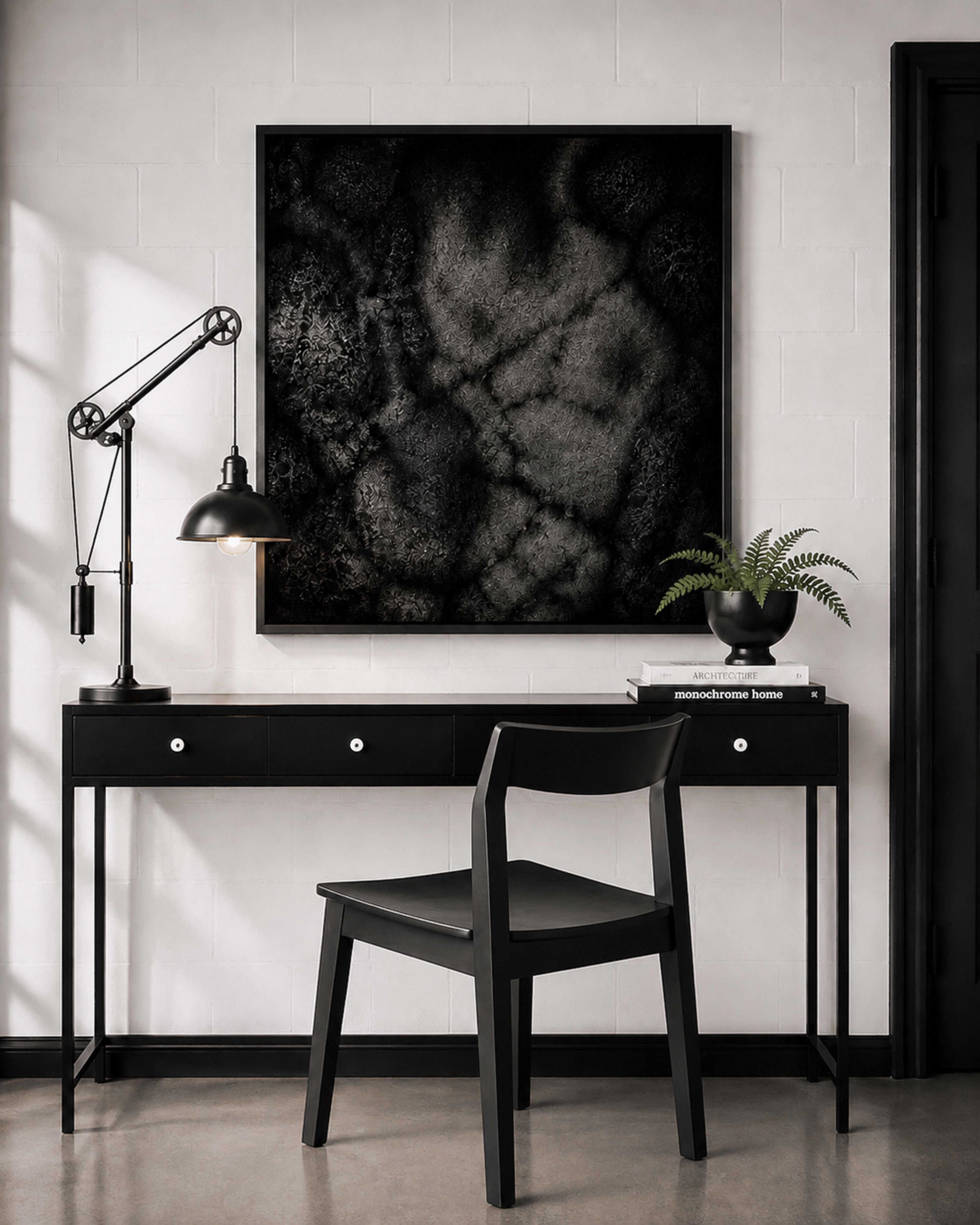 A black desk with a chair and a lamp is positioned against a wall featuring a large dark artwork, accompanied by a small plant and a stack of books.