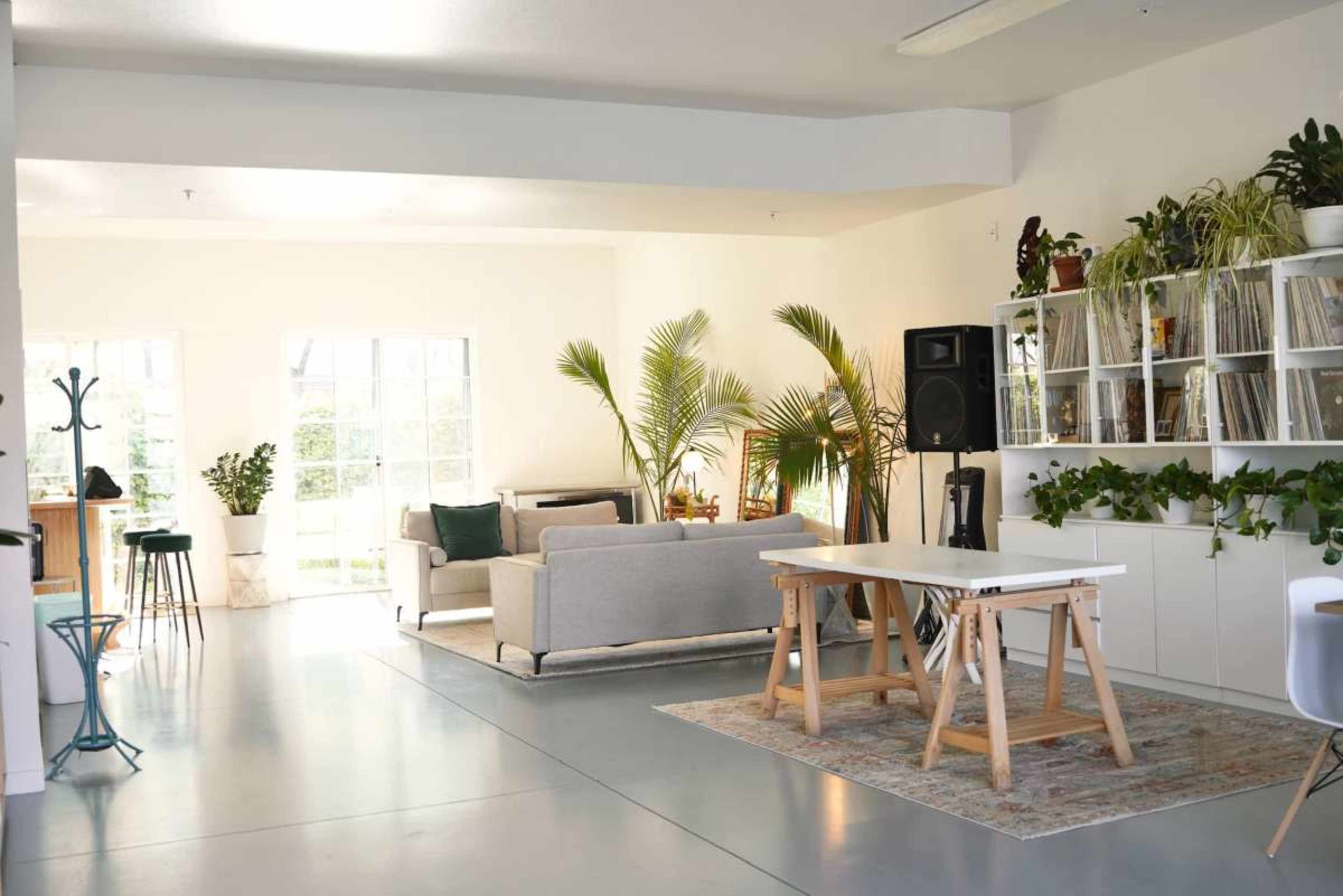 A spacious, well-lit room with a seating area, a dining table, and shelves filled with plants and vinyl records.