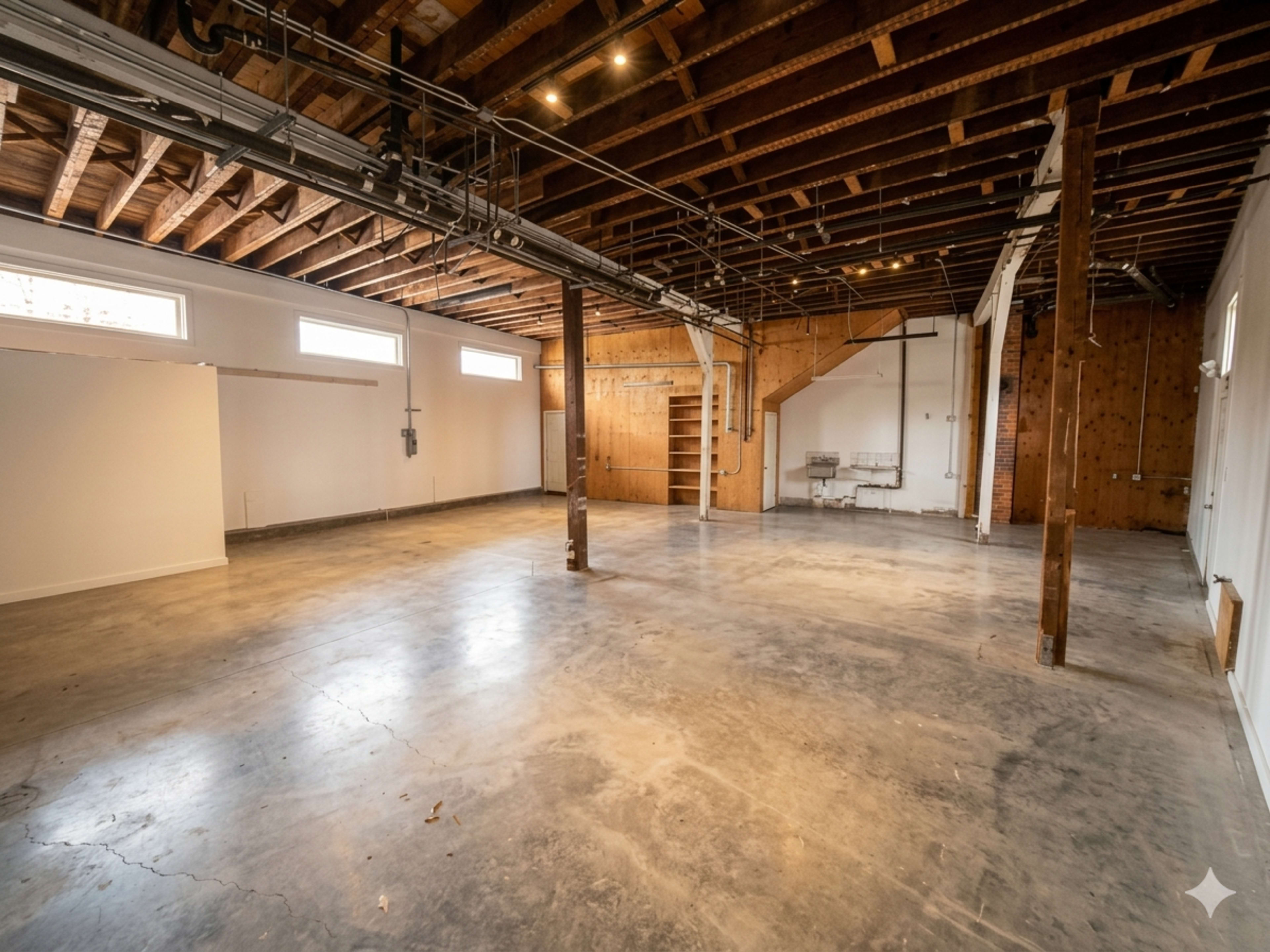 The image shows an empty, wide interior space with exposed beams and a concrete floor, featuring a mix of white and wooden walls.