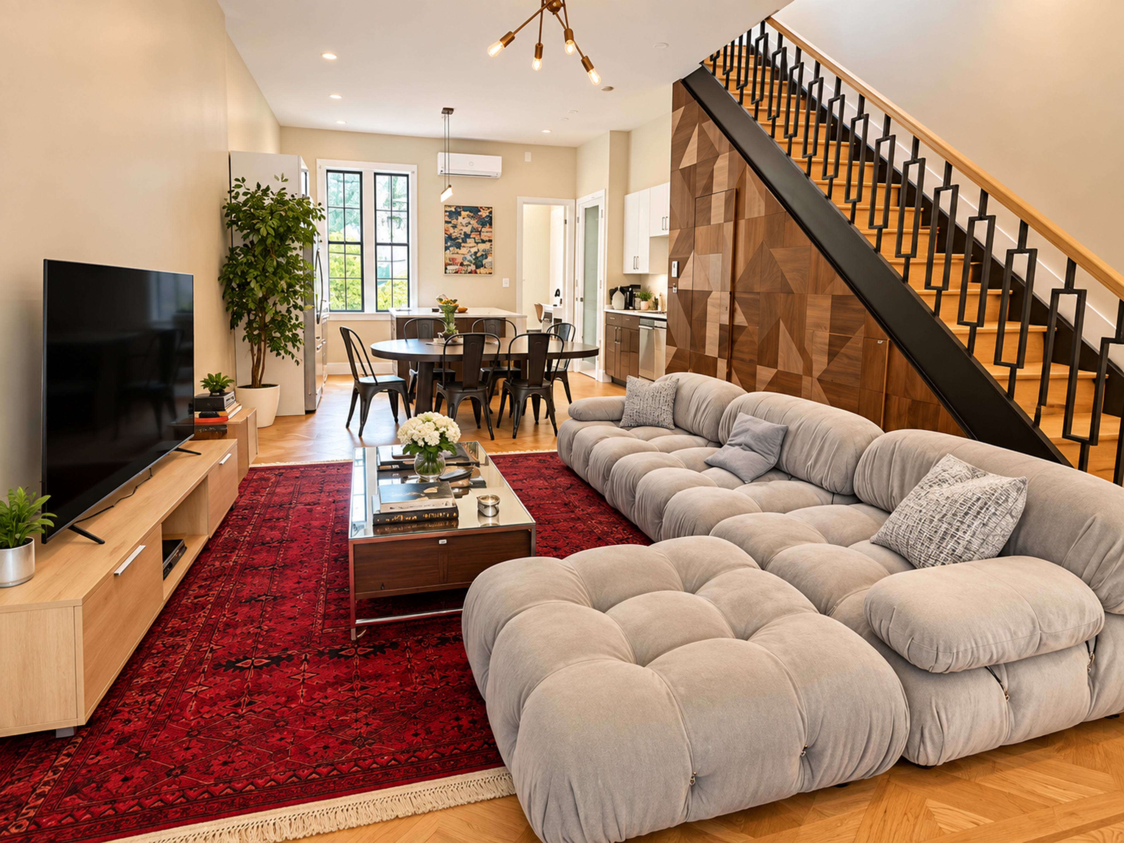 The image shows a modern living space featuring a large, gray sectional sofa, a wooden TV stand with a television, a dining area with a table and chairs, and a staircase with a wooden accent wall.