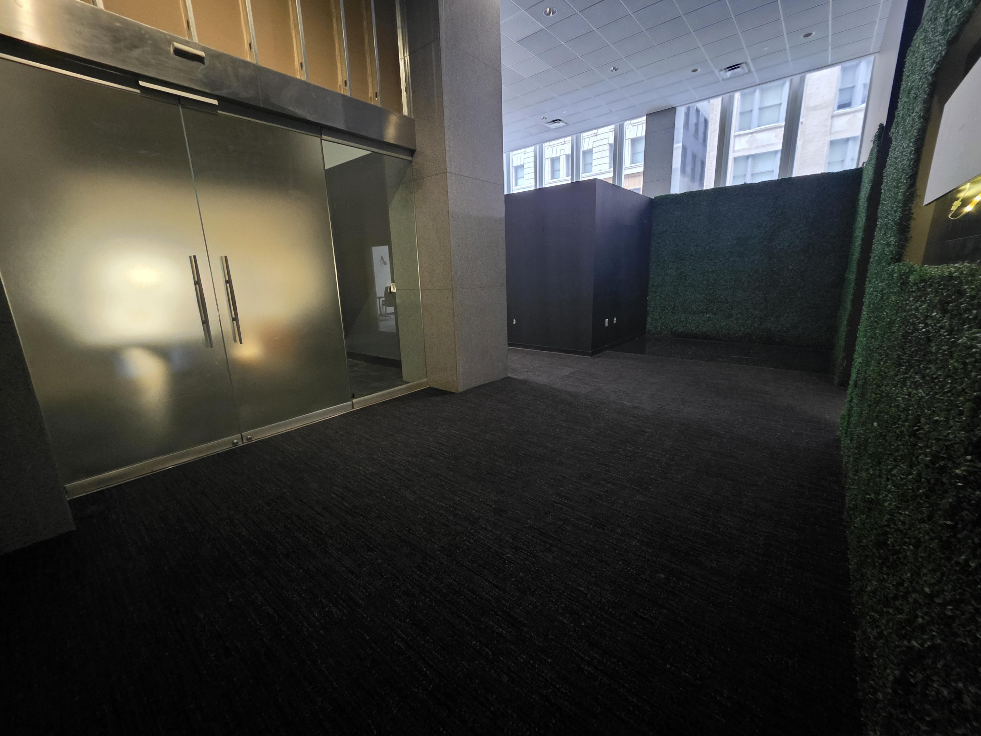 The image shows a spacious, modern interior with a glass door on the left and dark carpeted flooring, flanked by green walls on the right.