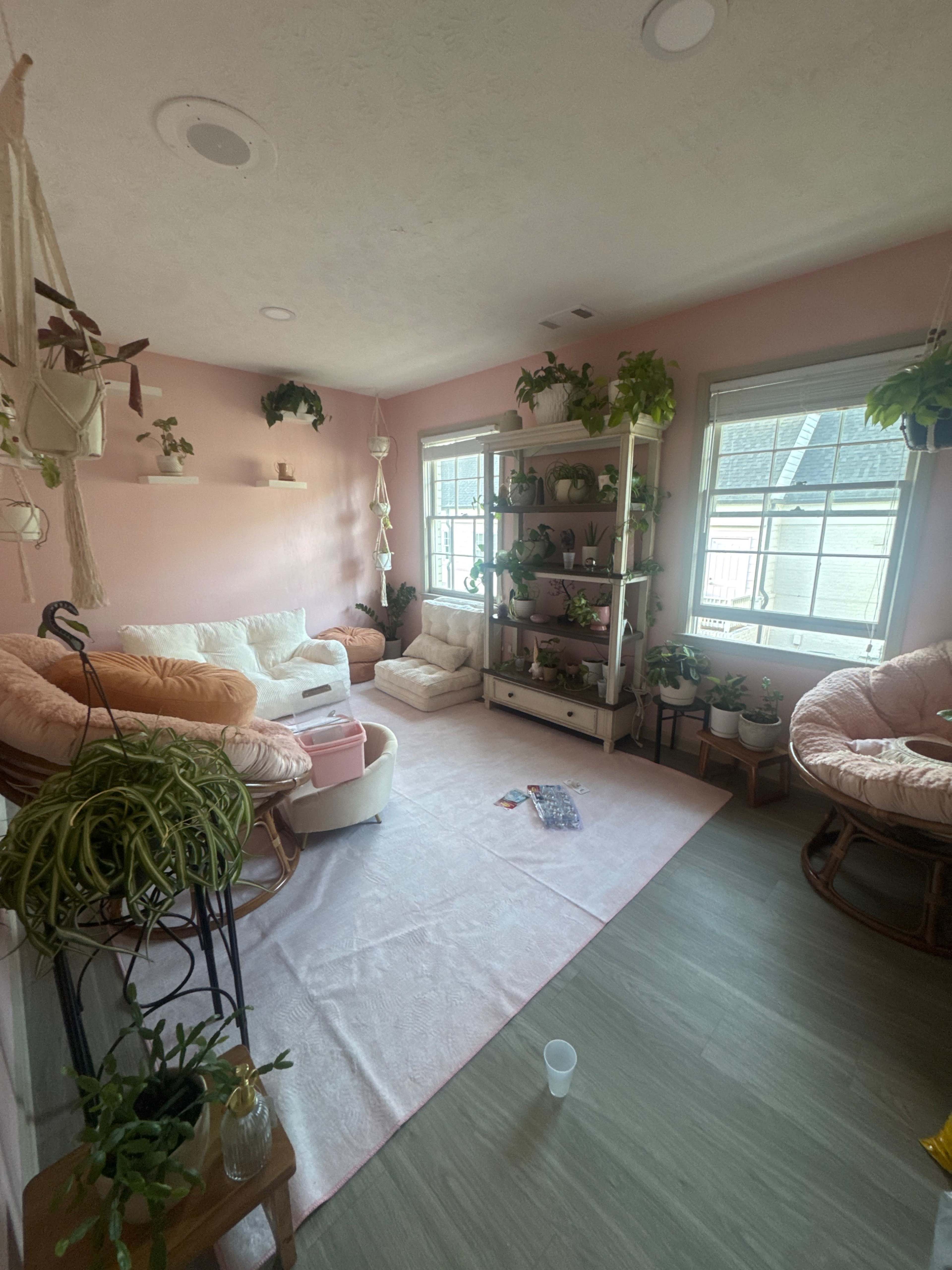 The room features pink walls, cozy seating areas, and a variety of potted plants on shelves and throughout the space.
