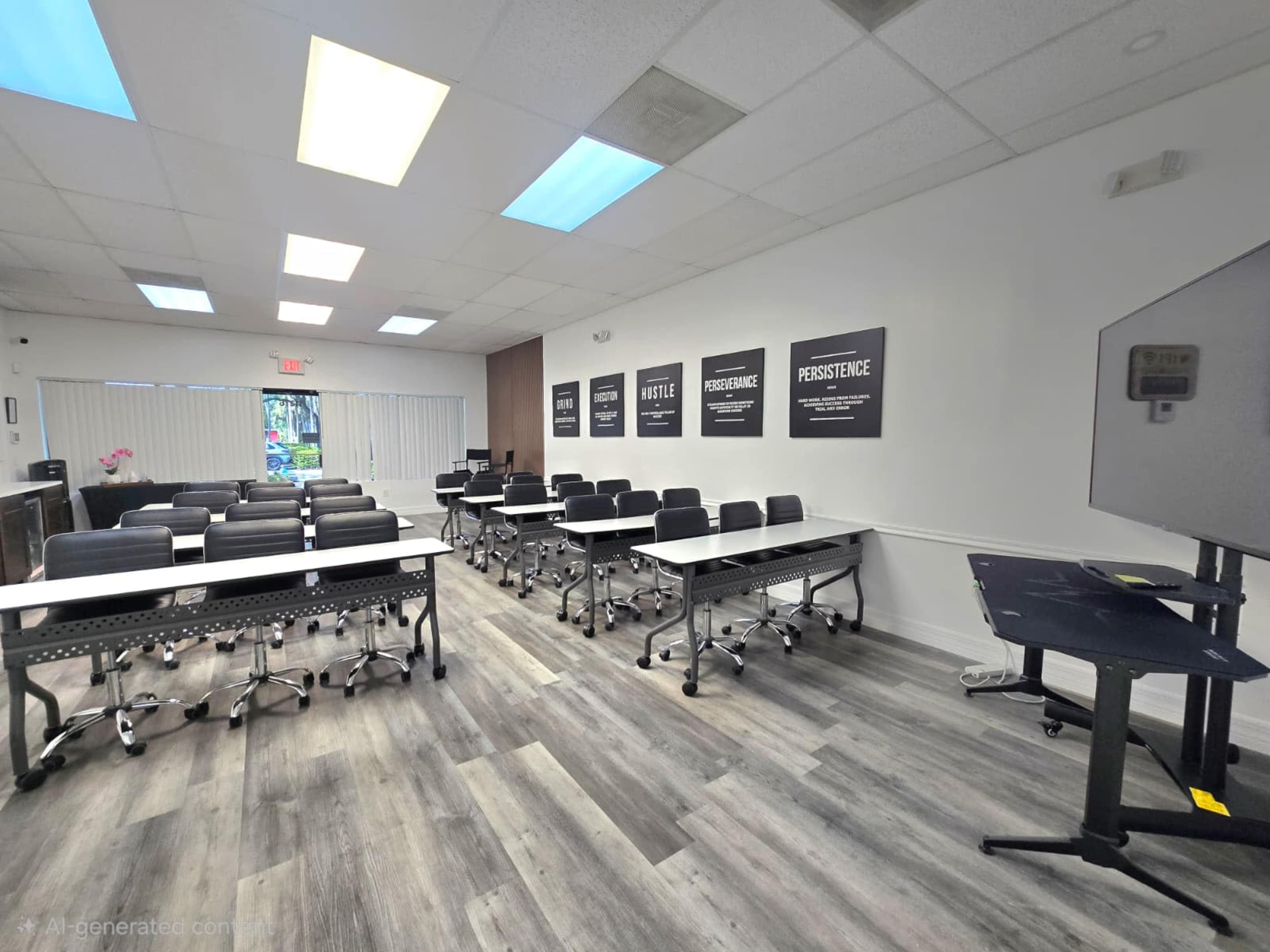 The image shows a modern classroom with multiple rows of desks, a digital screen, and motivational posters on the walls.