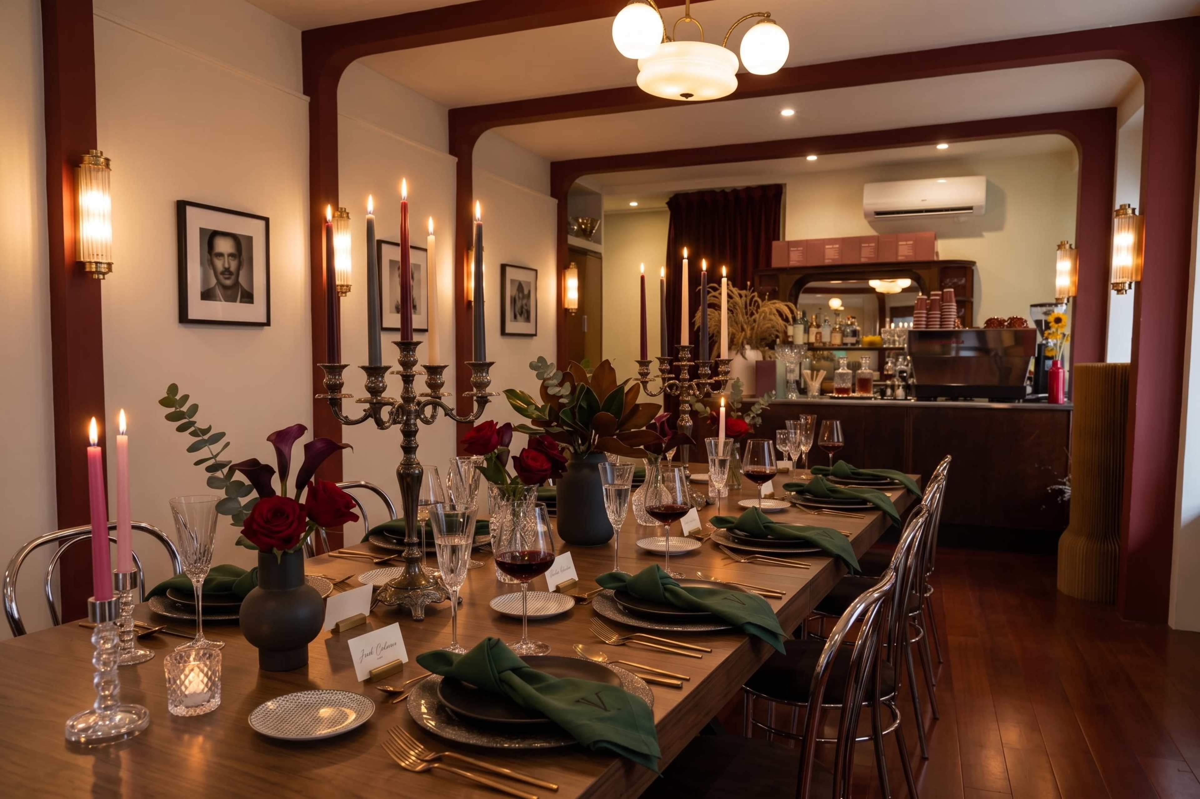 A elegantly set dining table with floral arrangements and candles is illuminated in a well-decorated room featuring a bar and wall art.