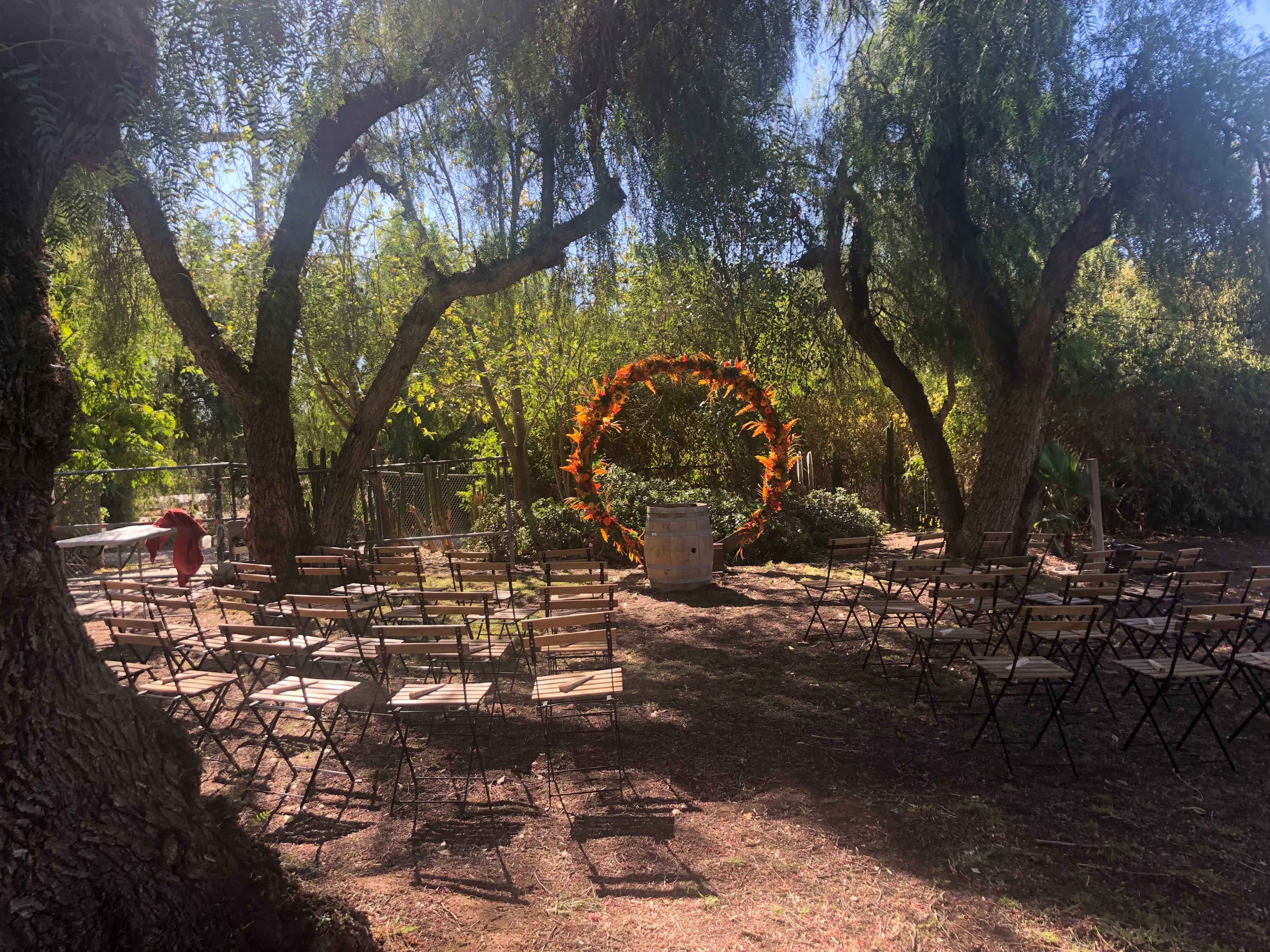 A decorated outdoor venue with wooden chairs arranged in rows facing a circular floral arch.