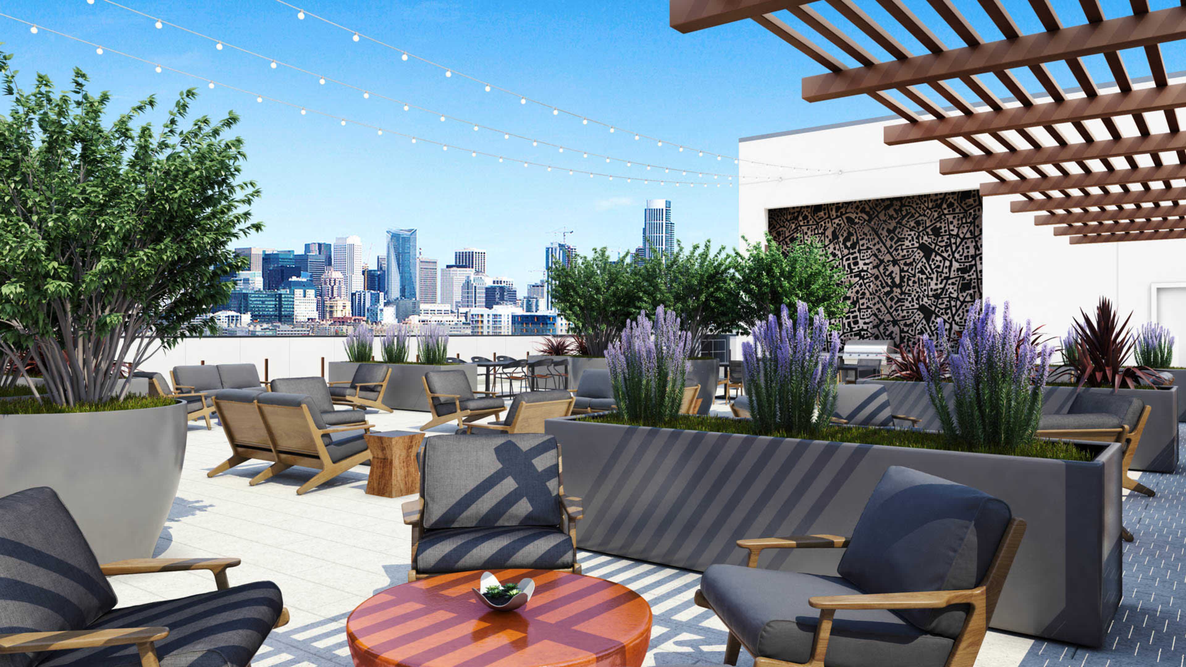 A modern outdoor rooftop terrace features seating areas with wooden chairs and tables, surrounded by potted plants and city skyline views.