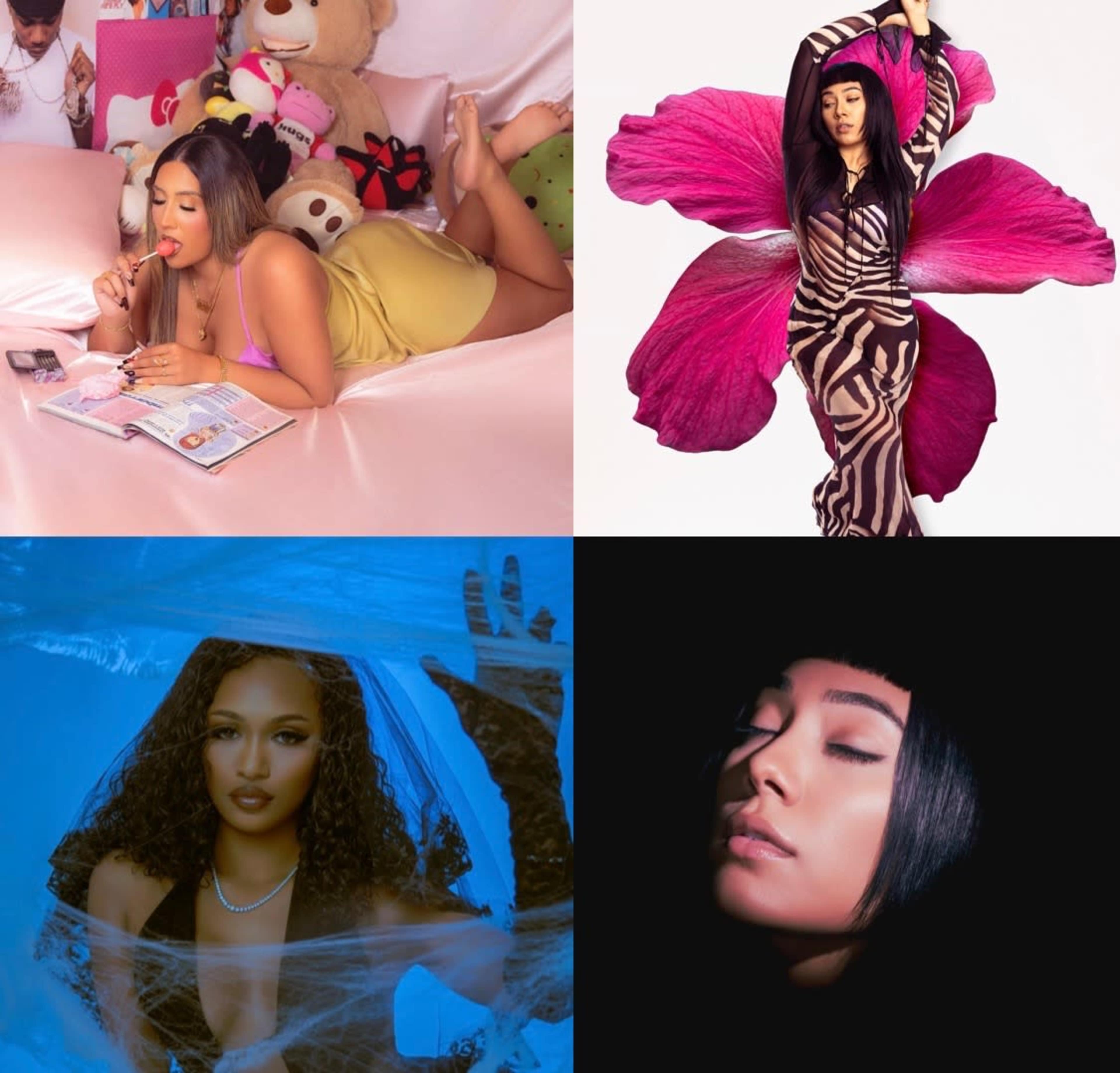 The image features four distinct photographs: a woman lounging on a bed with stuffed animals, a model posing with a large flower backdrop, a woman in a blue-themed portrait with a dramatic pose, and a close-up of a woman with a serene expression against a dark background.
