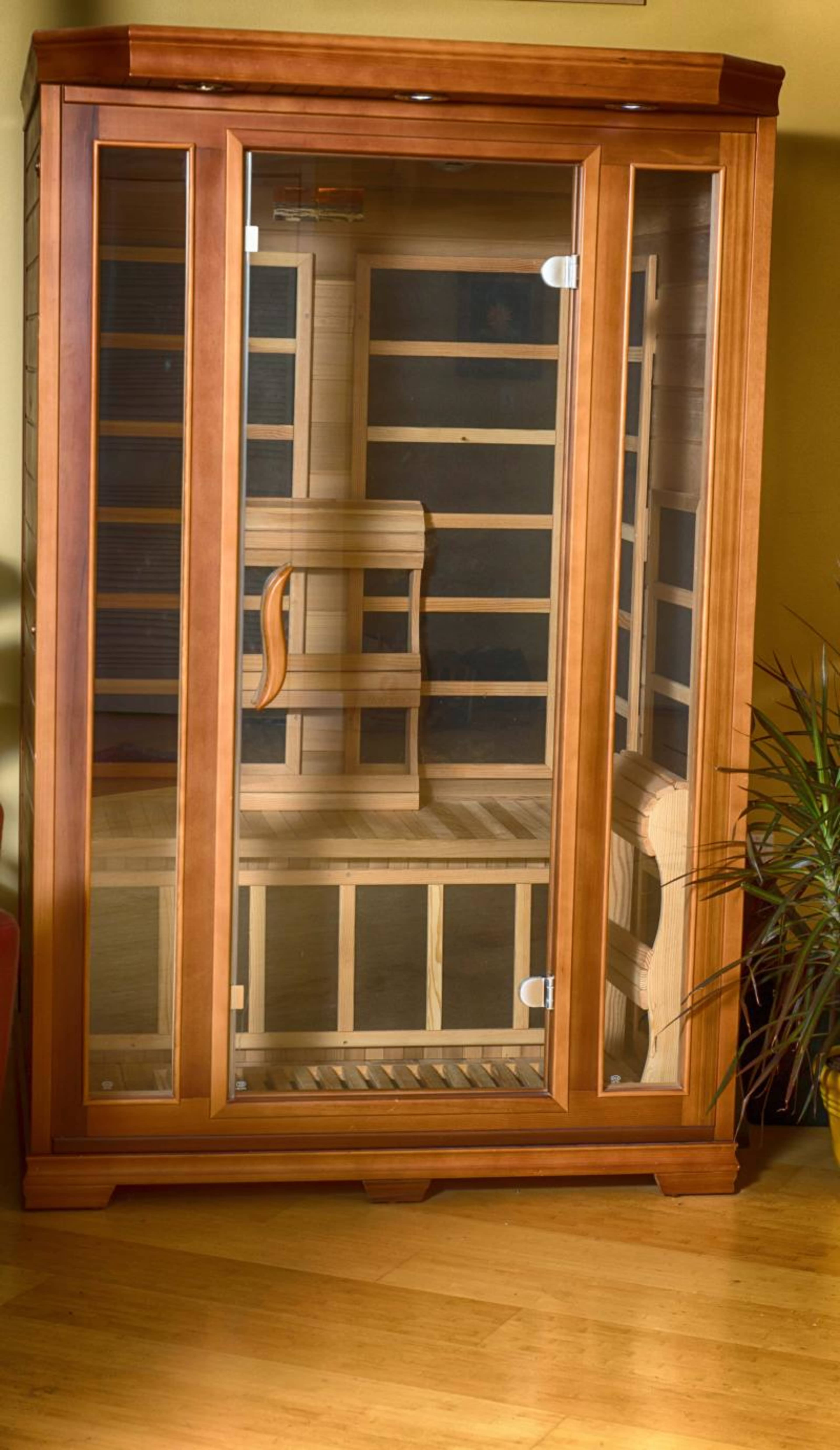 A wooden sauna with glass doors and a light wood interior, placed against a wall with a plant on the side.
